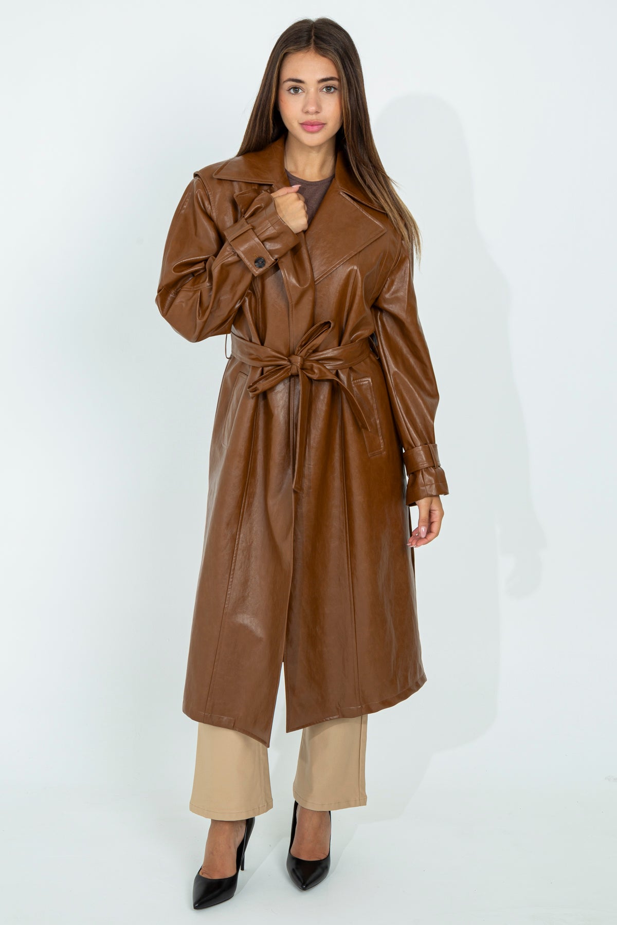 Faux leather trench coat