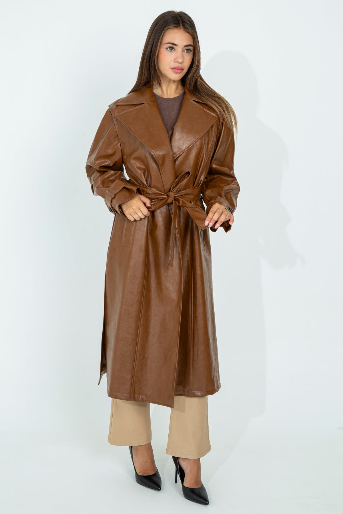 Faux leather trench coat