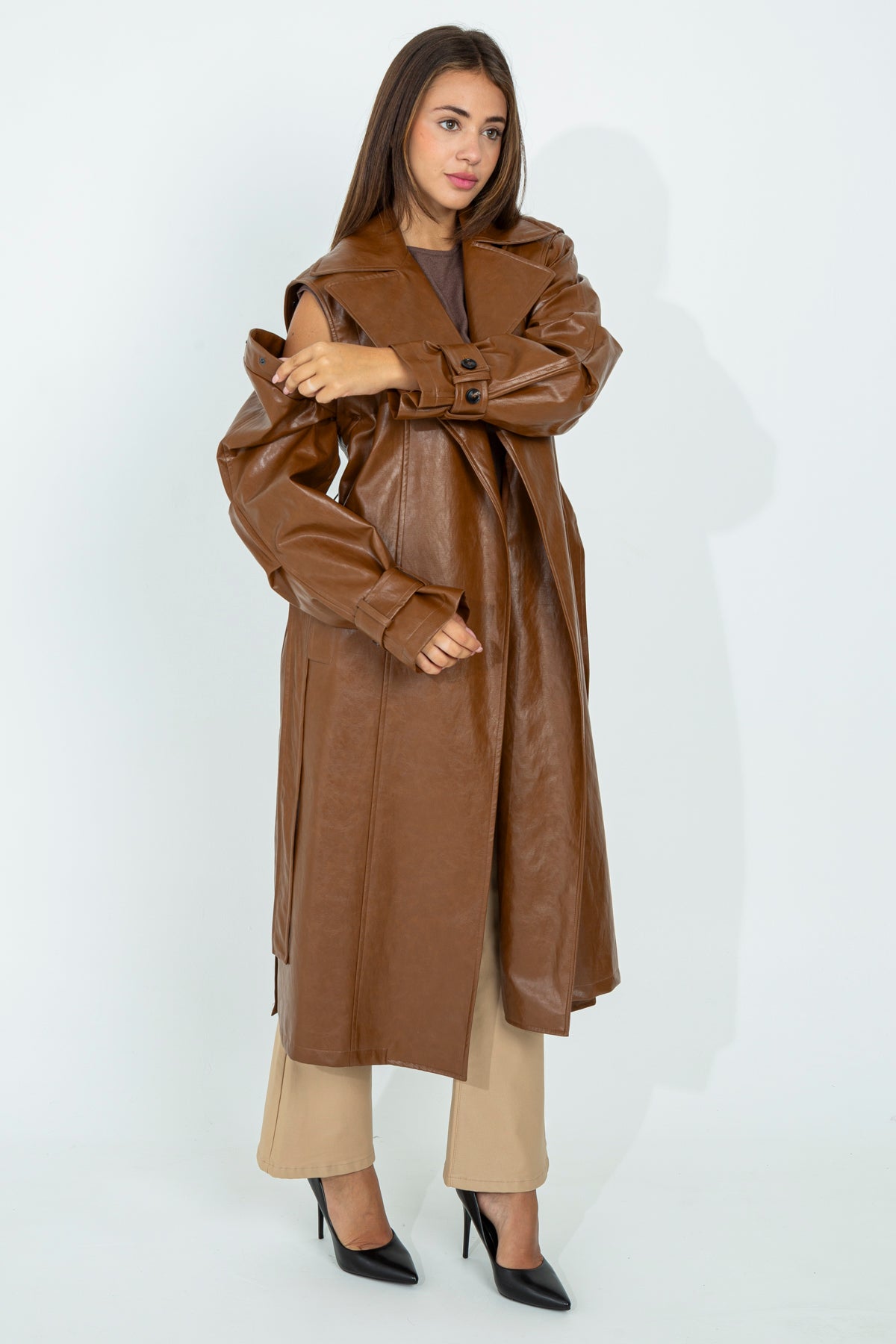 Faux leather trench coat