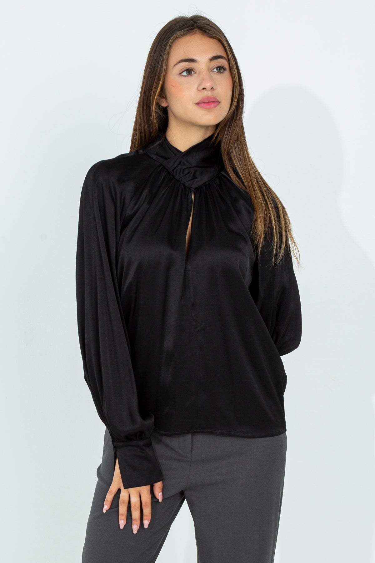 Blouse with crossover neckline