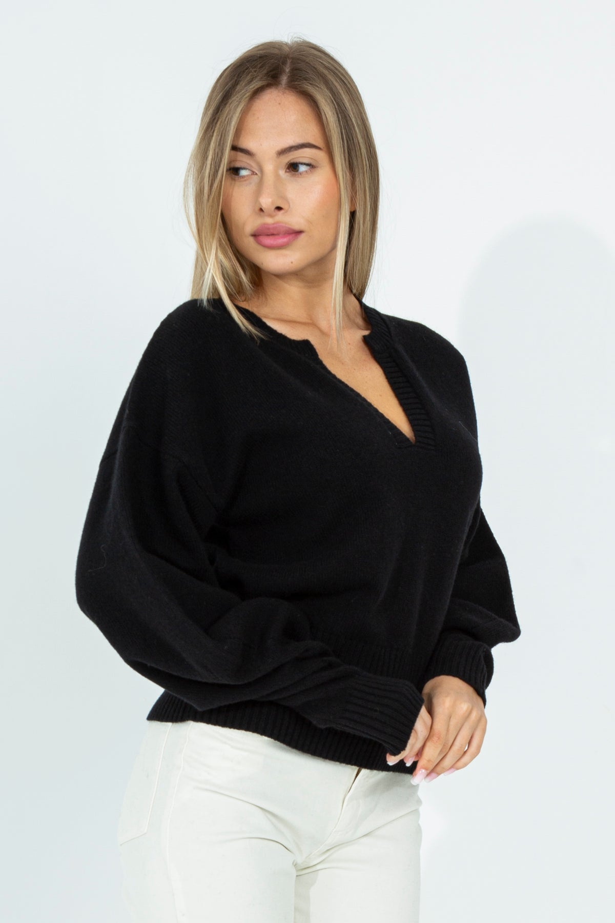 Wool sweater with profiled V-neck