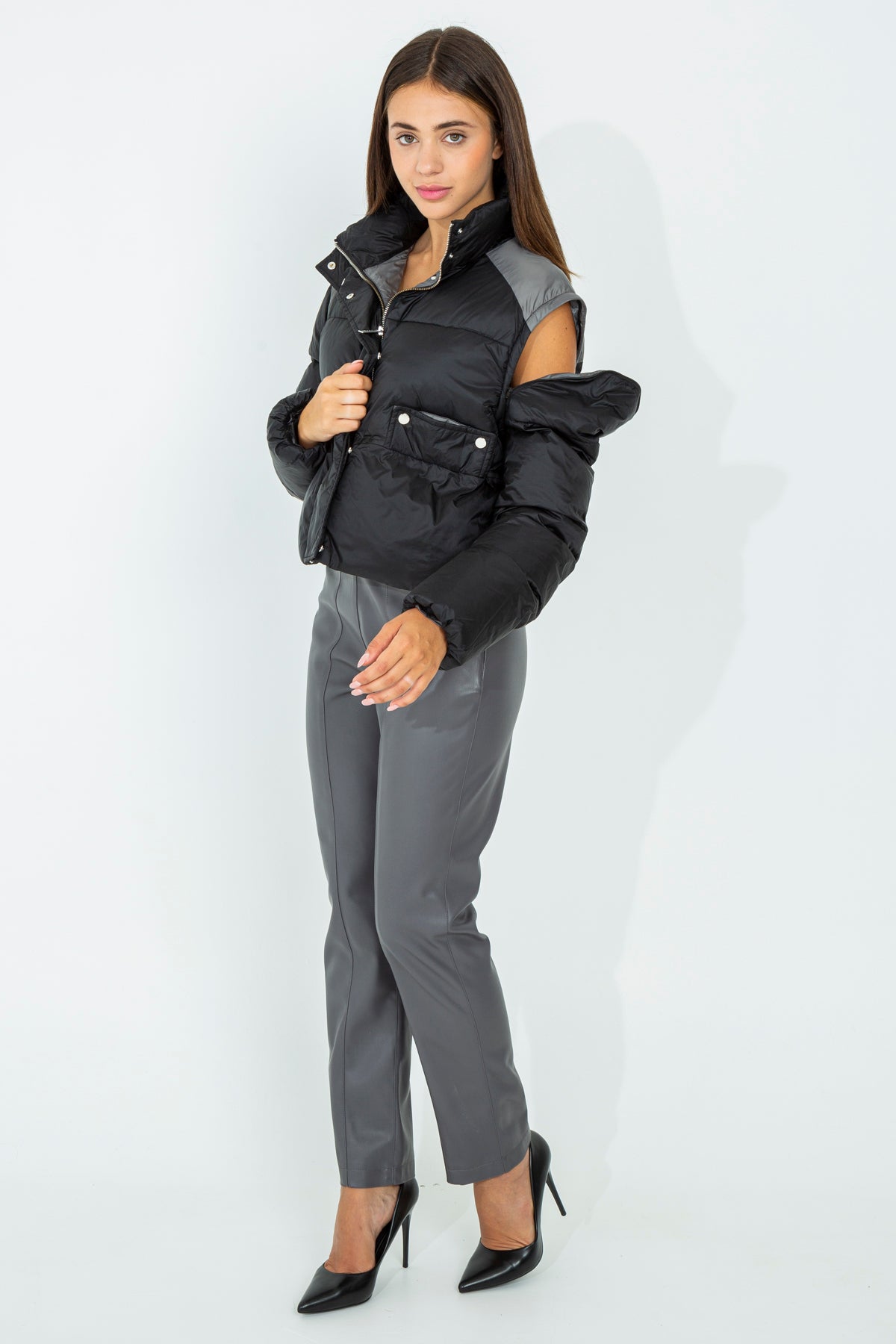 Short color block down jacket