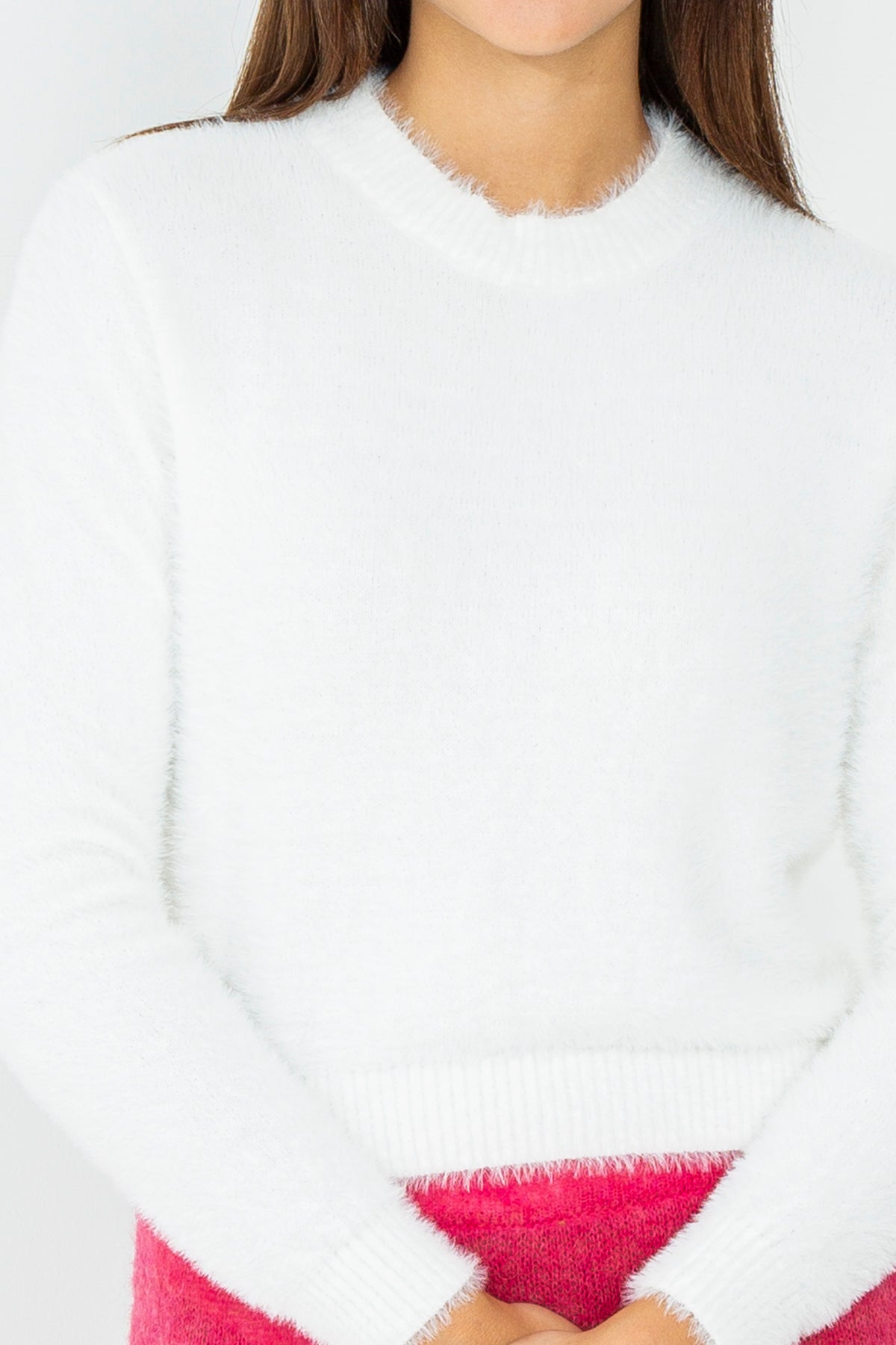 Fur crop crewneck sweater