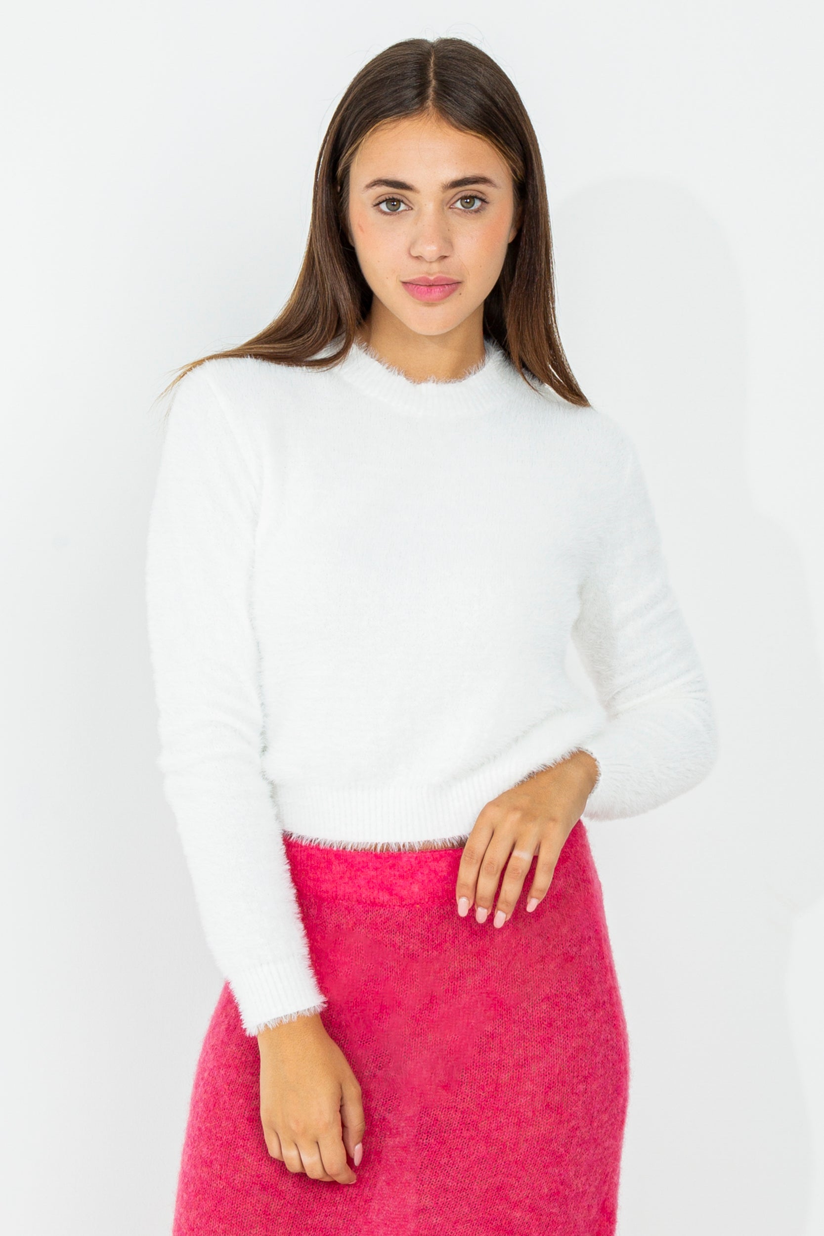 Fur crop crewneck sweater