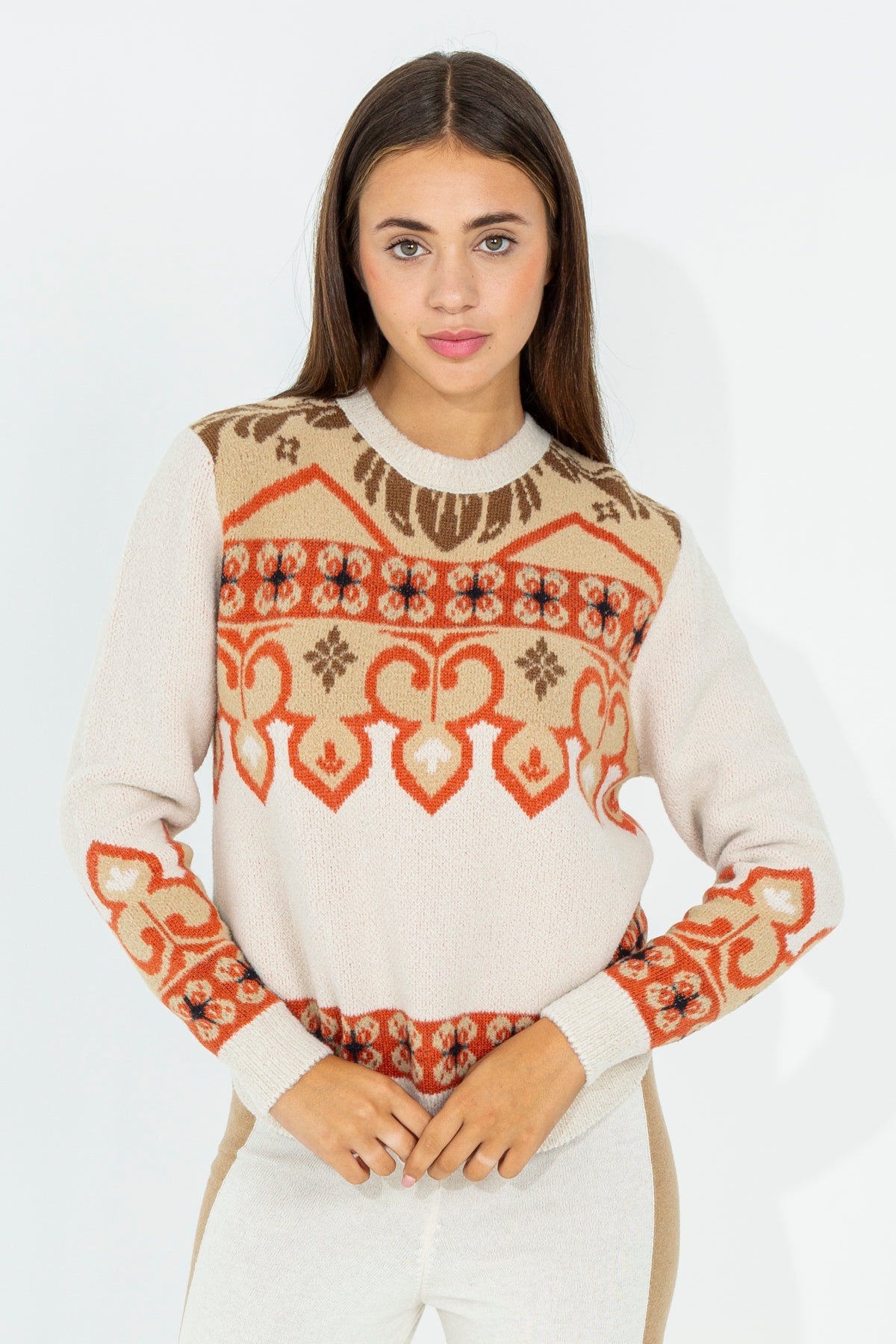 Damask pattern crew neck sweater