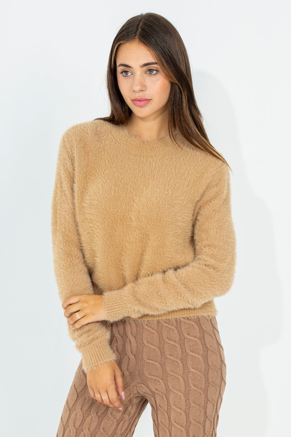 Fur crop crewneck sweater