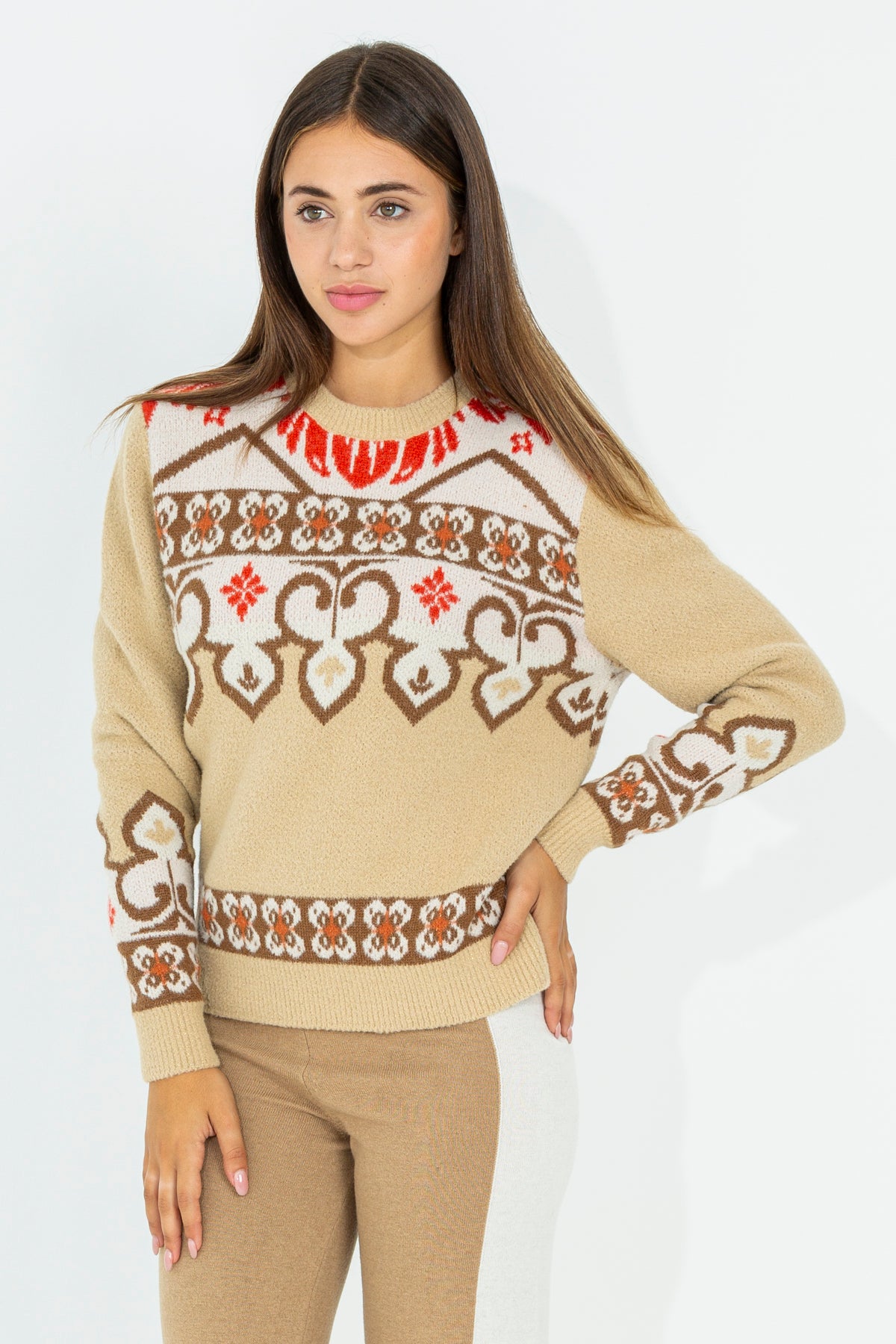 Damask pattern crew neck sweater