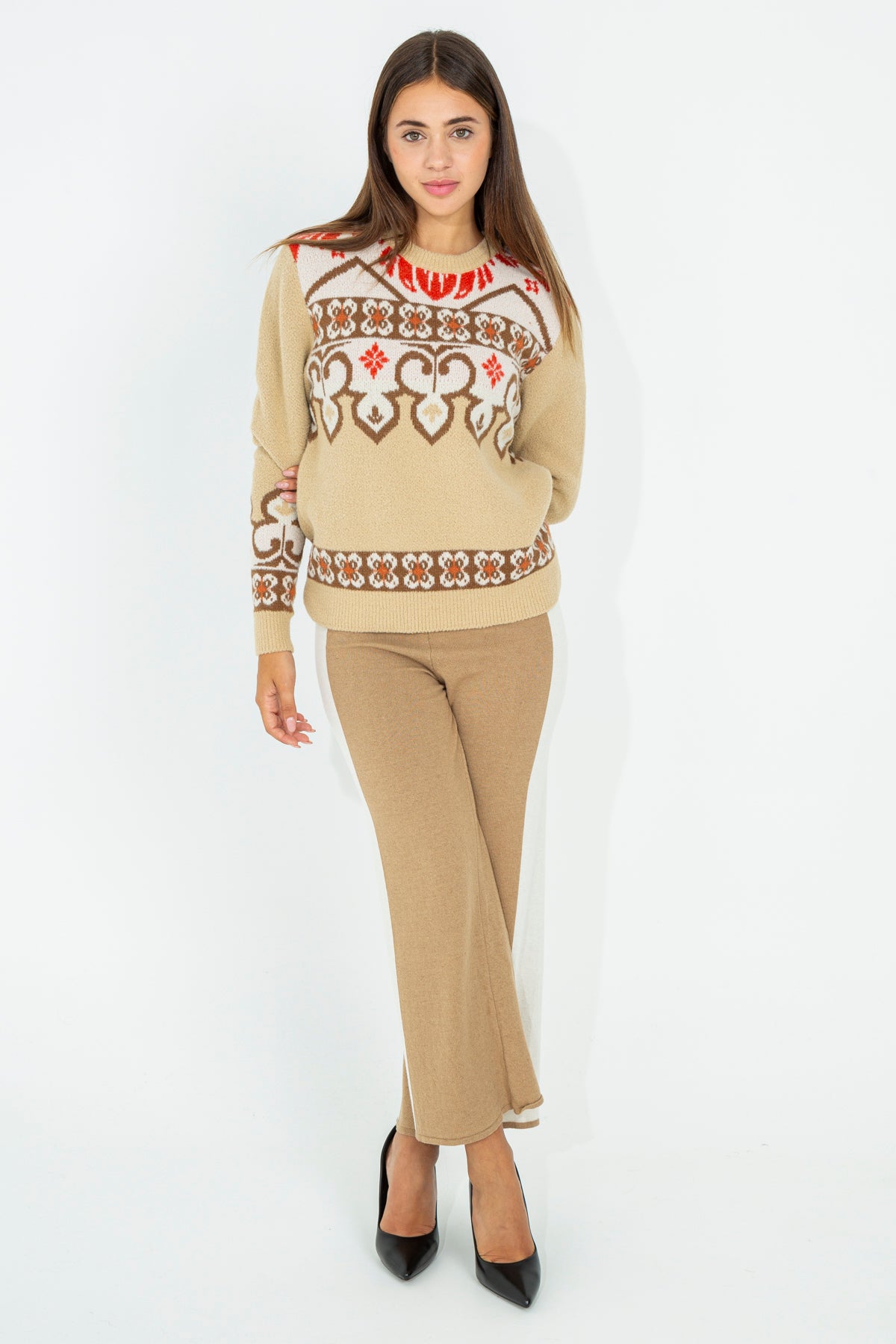 Damask pattern crew neck sweater