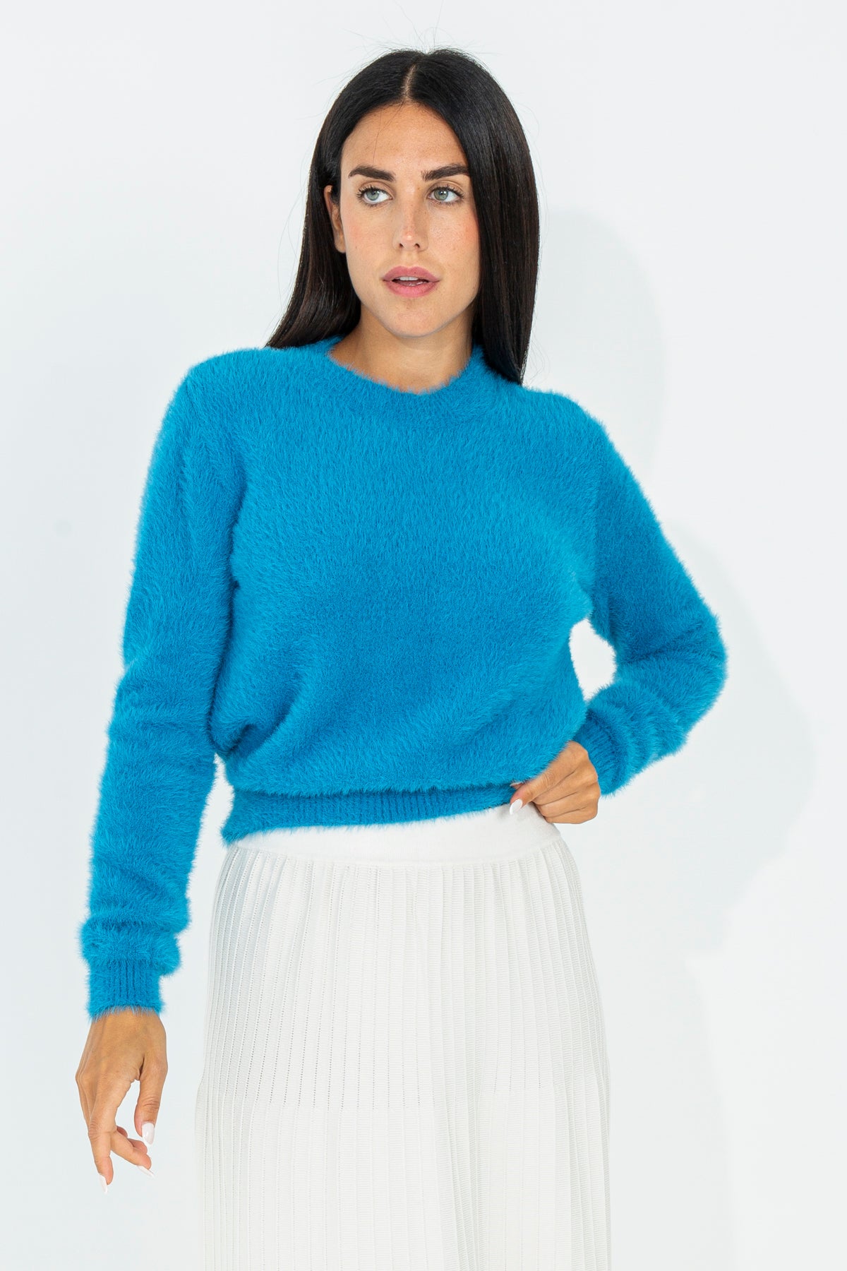 Fur crop crewneck sweater