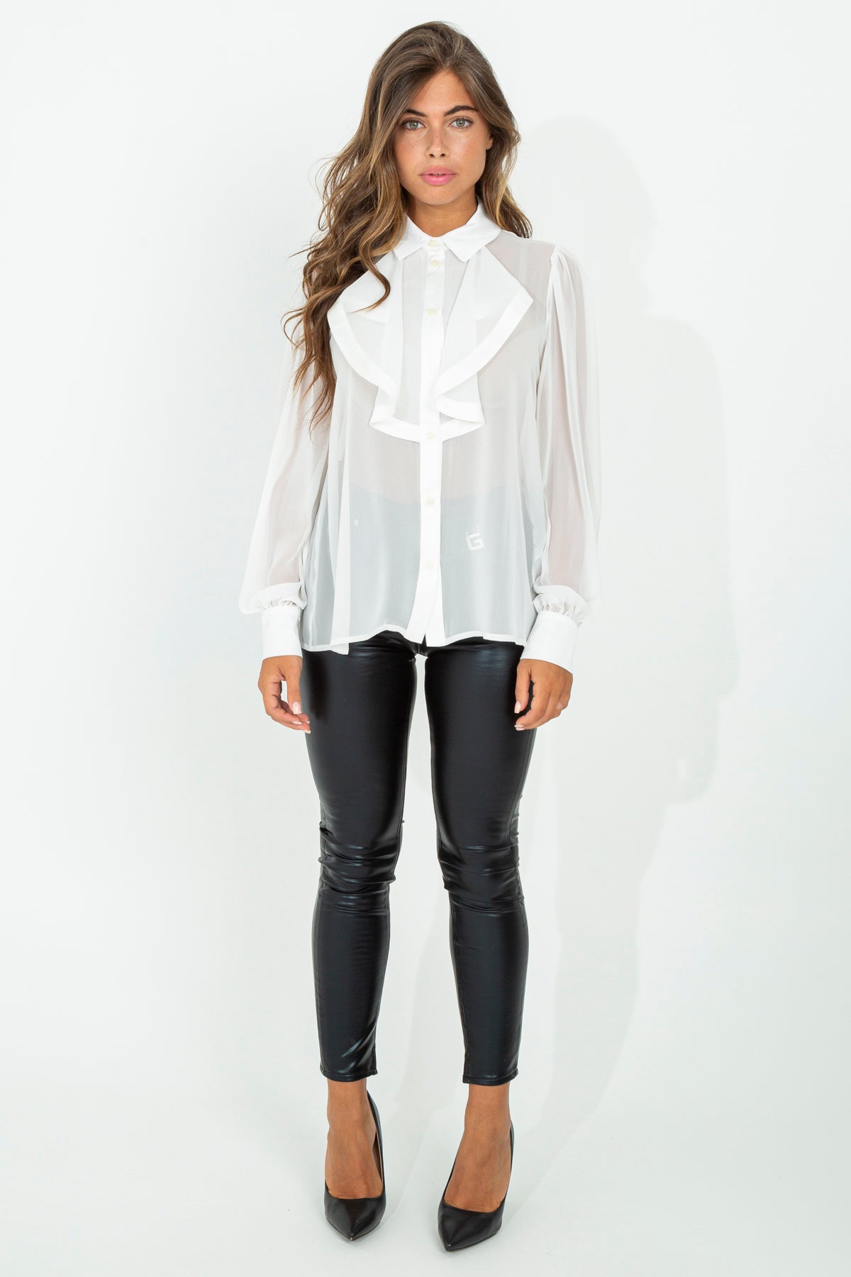 Sheer shirt with ruffles