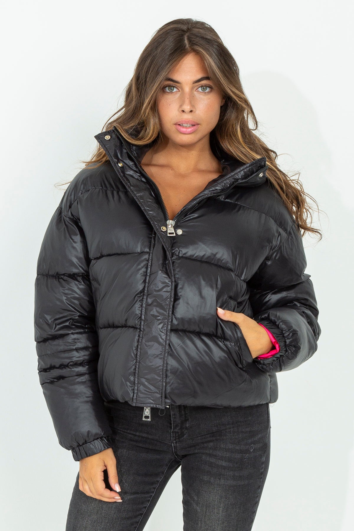 Down jacket with opening hood