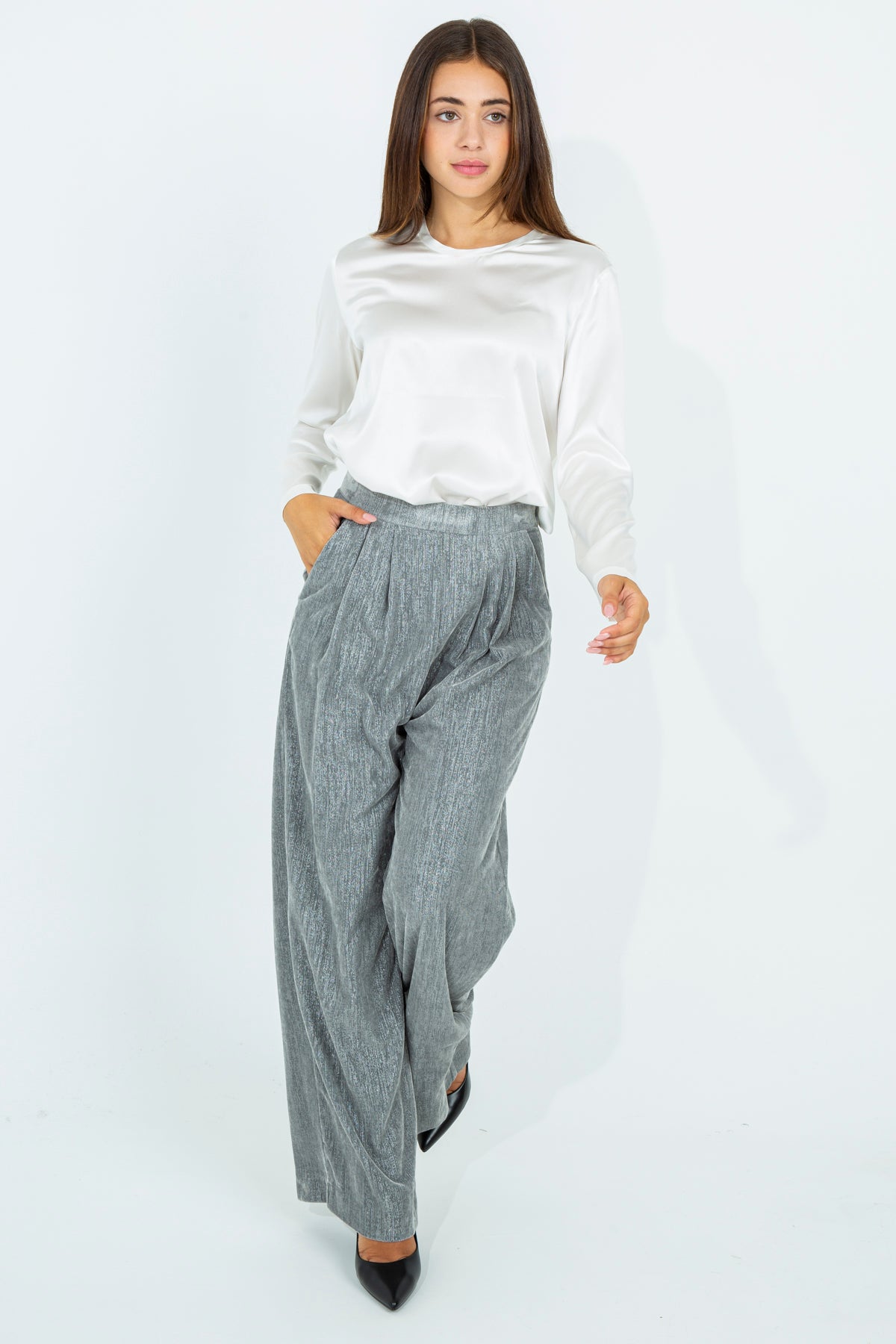 Pantaloni palazzo con filo lurex