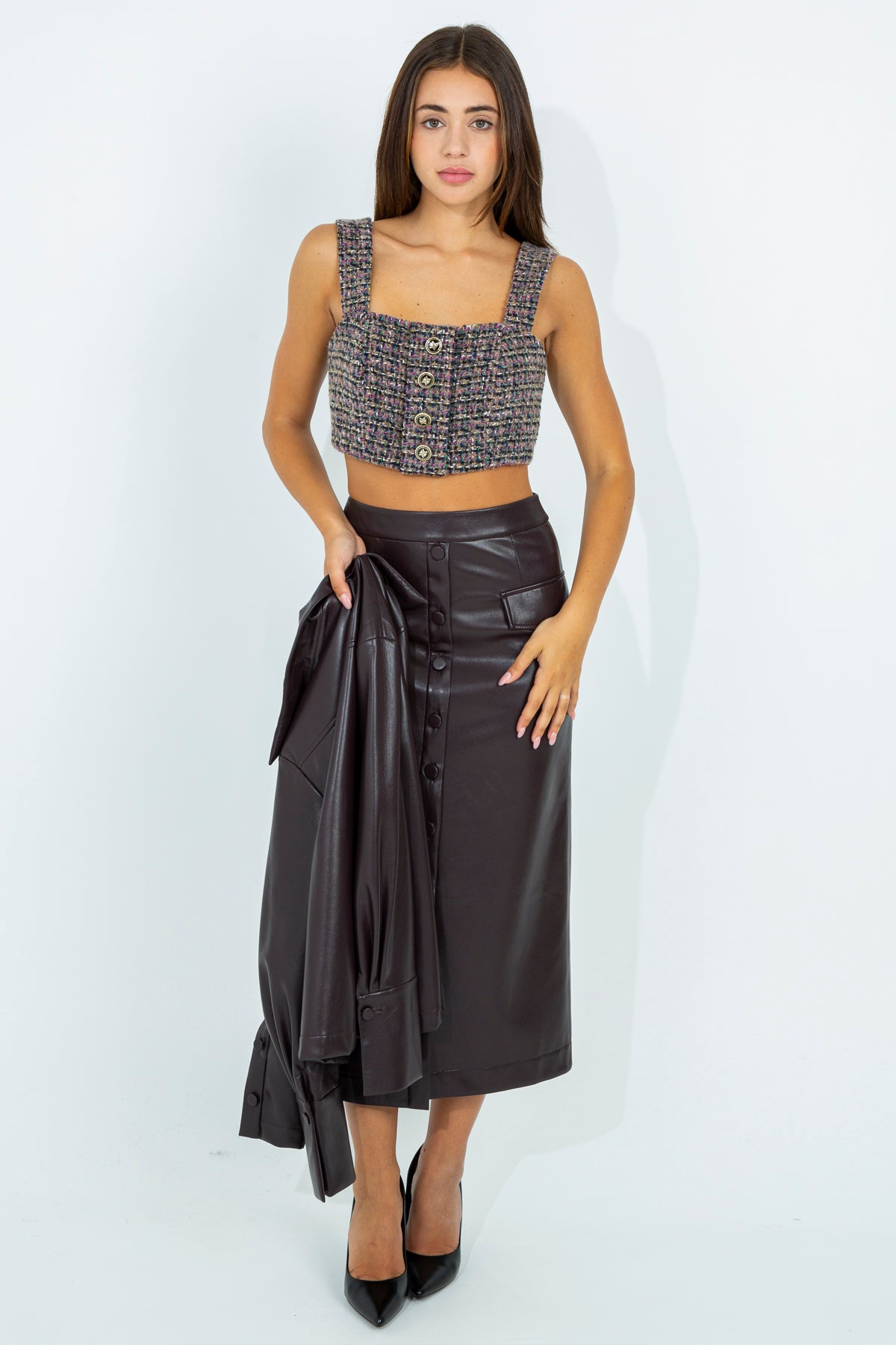 Faux leather midi skirt