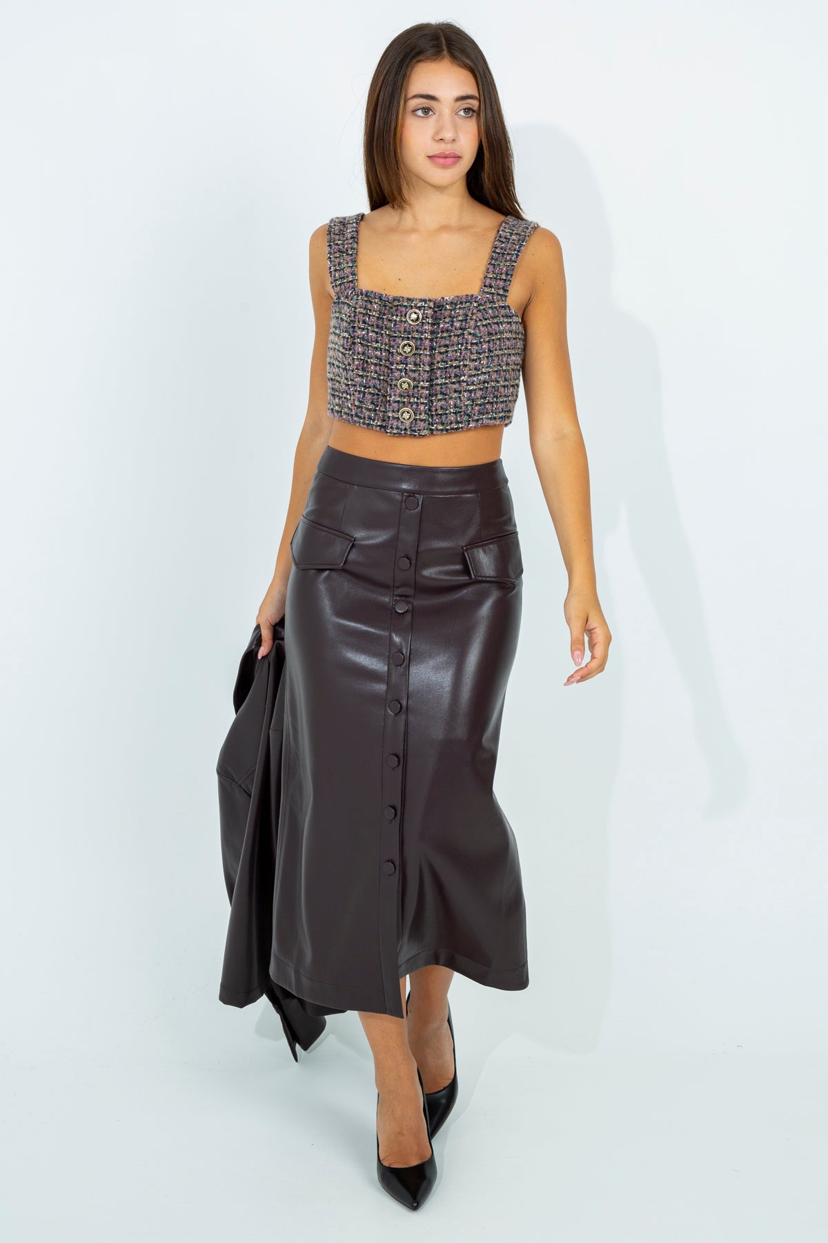 Faux leather midi skirt