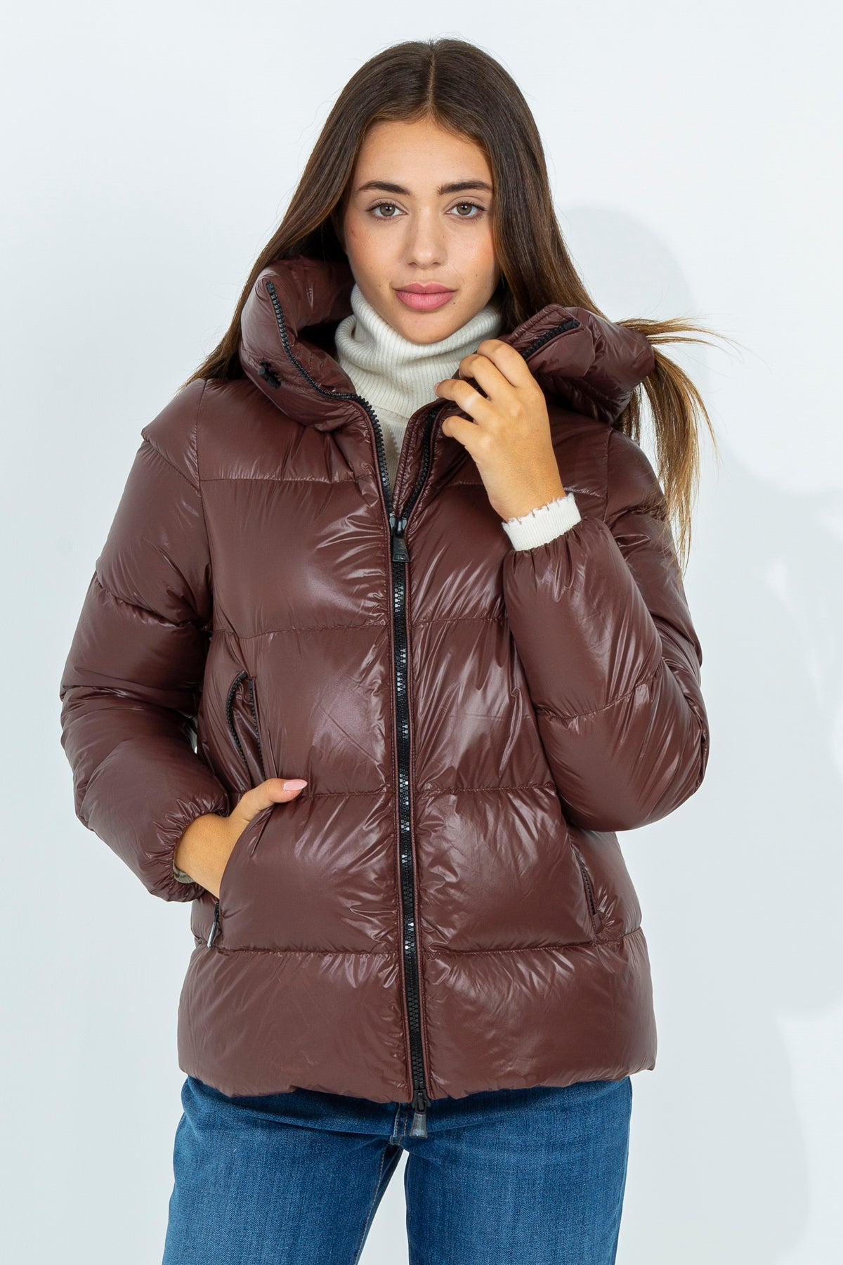 Down jacket with funnel neck