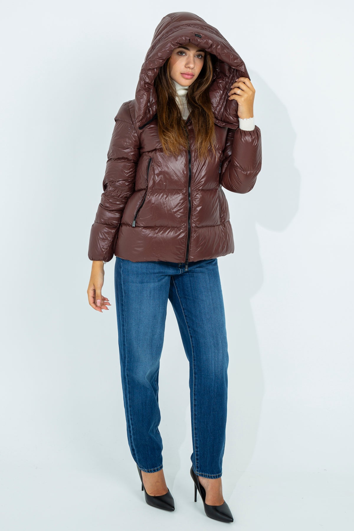 Down jacket with funnel neck