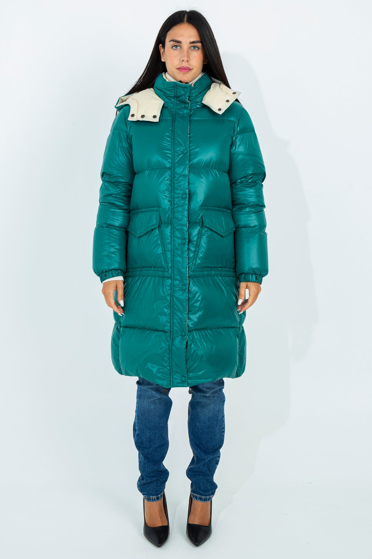 Long down jacket with removable hood