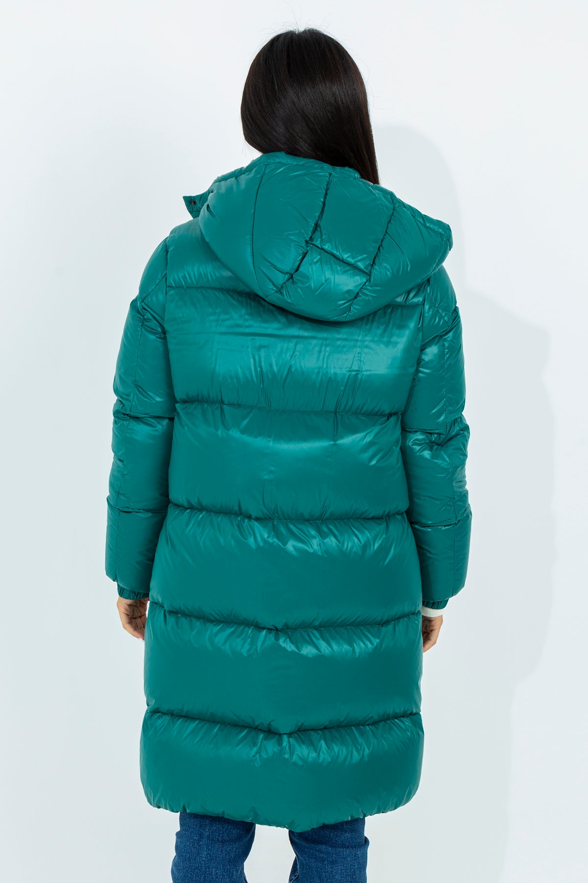 Long down jacket with removable hood