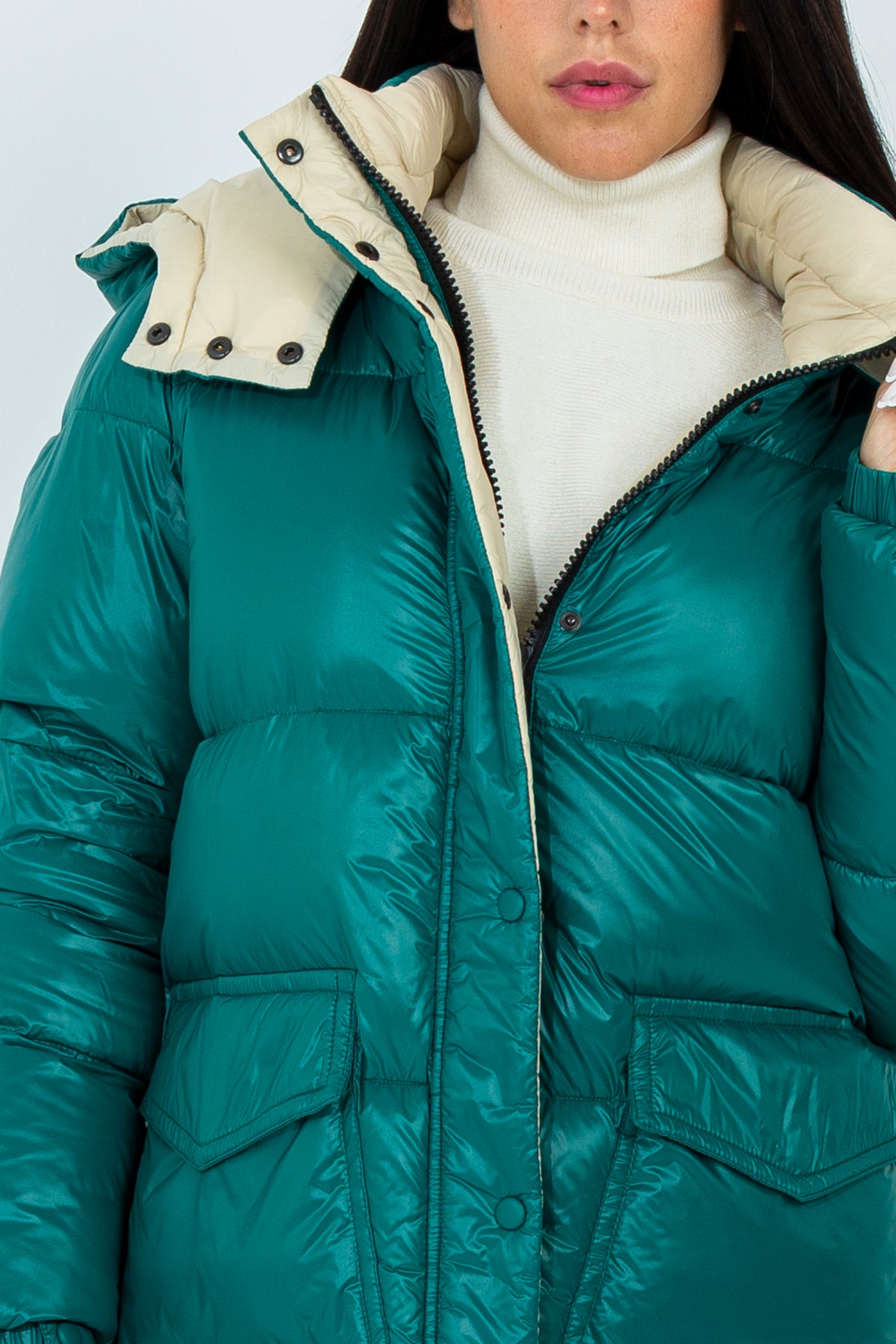 Long down jacket with removable hood