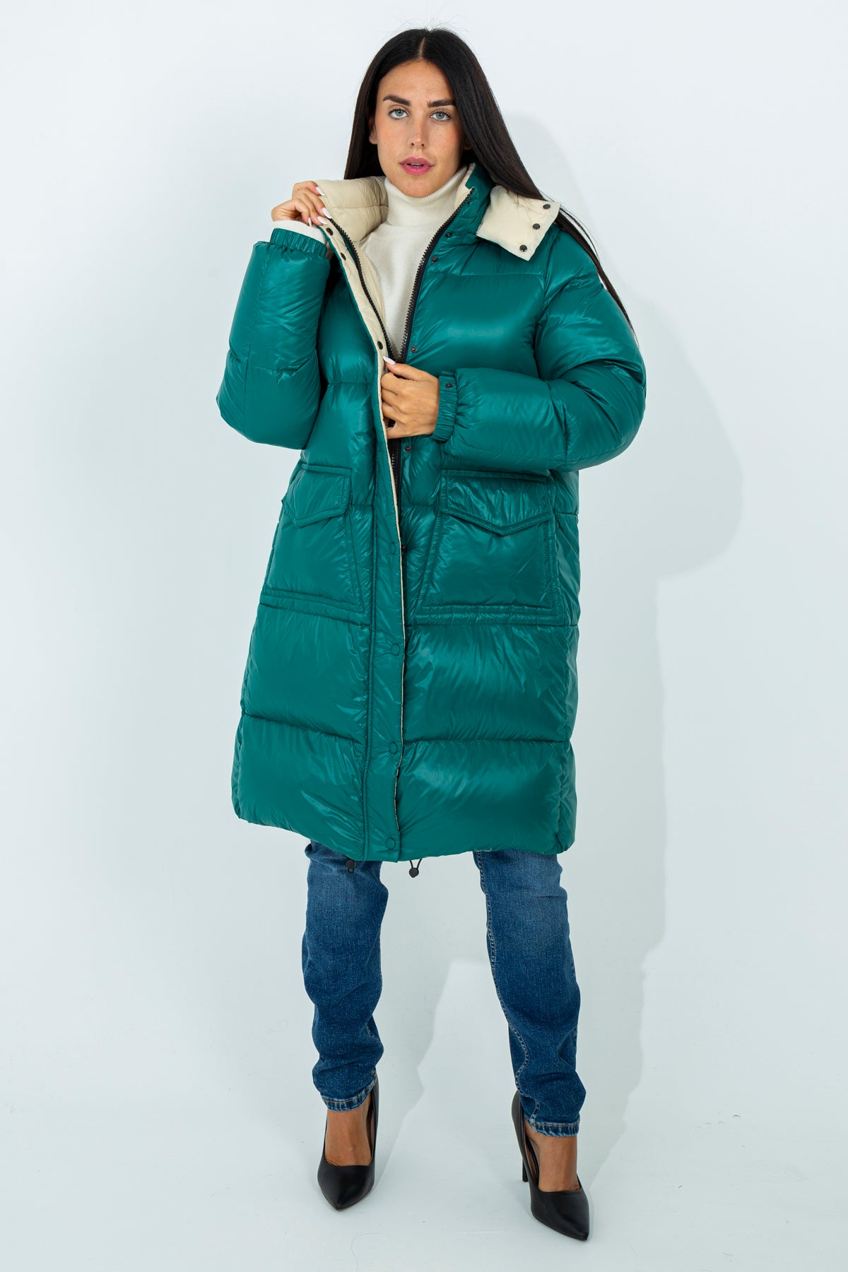 Long down jacket with removable hood