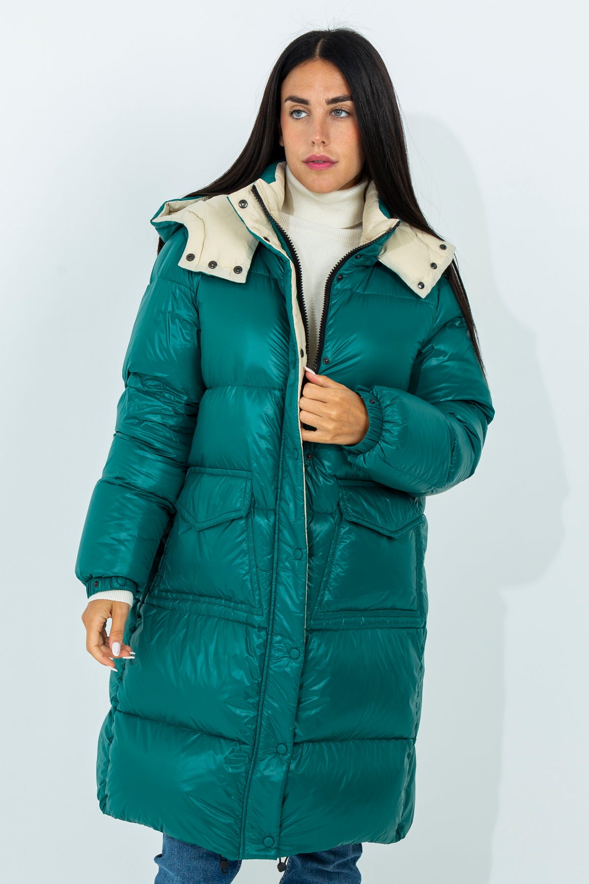 Long down jacket with removable hood