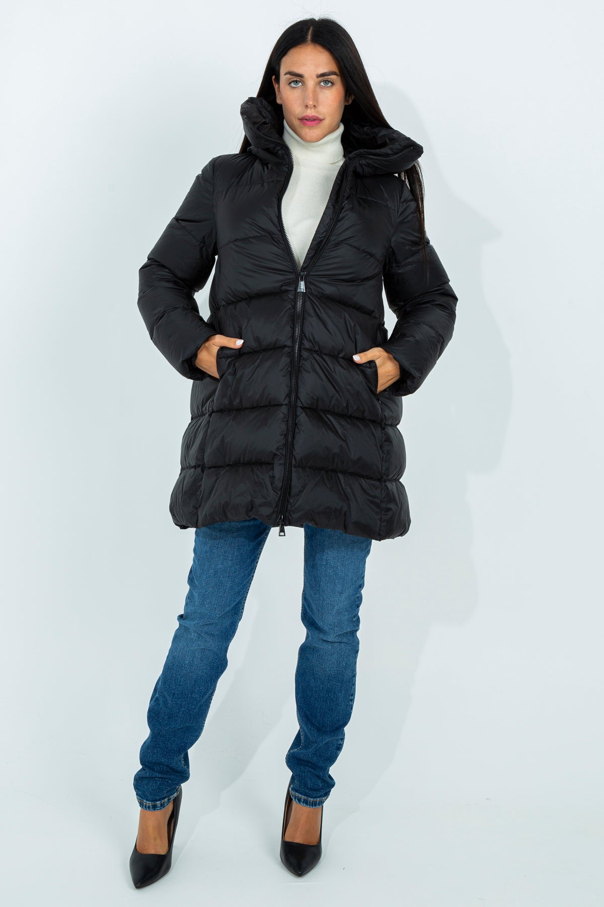 Flared midi down jacket