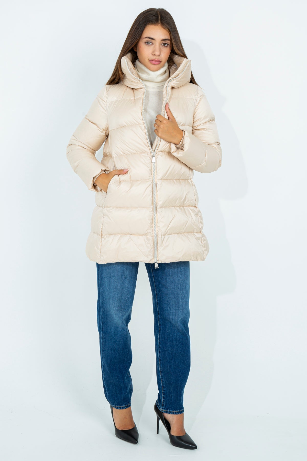 Flared midi down jacket