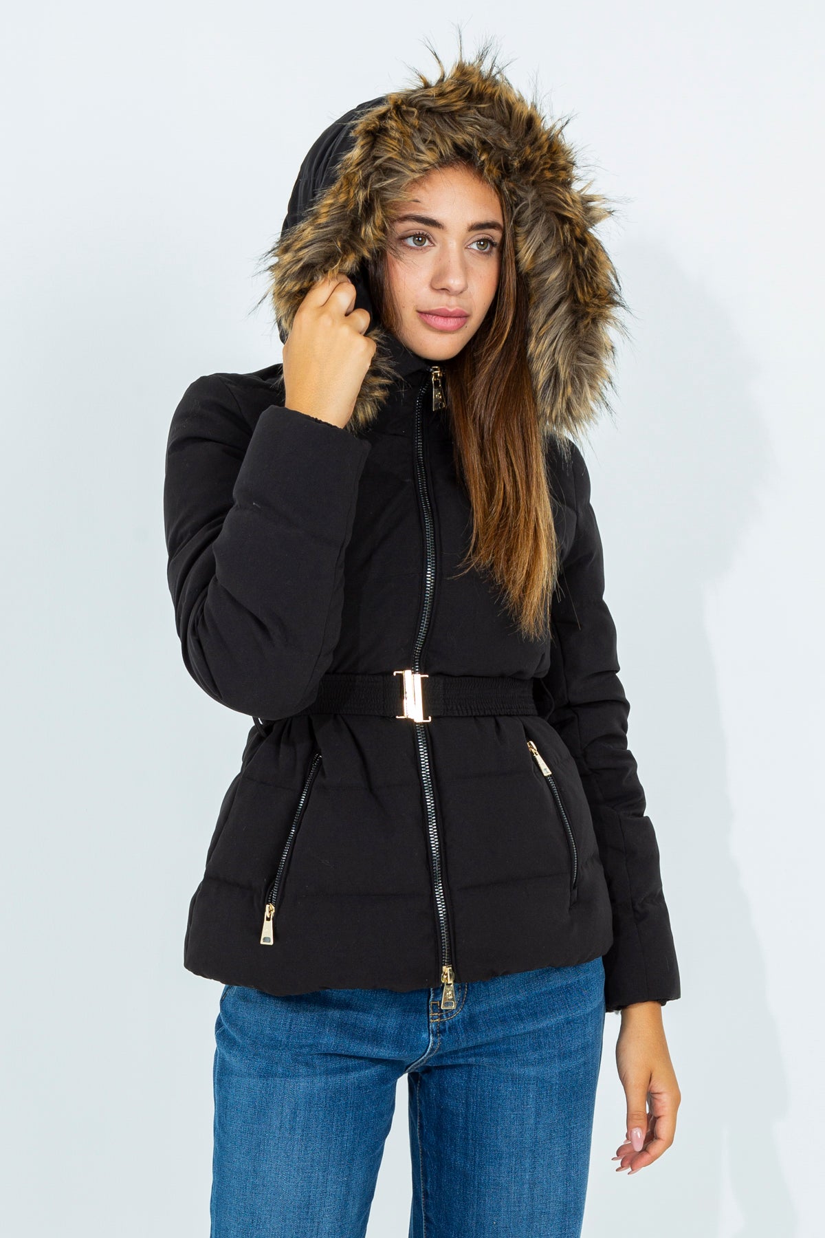 Short down jacket with faux fur