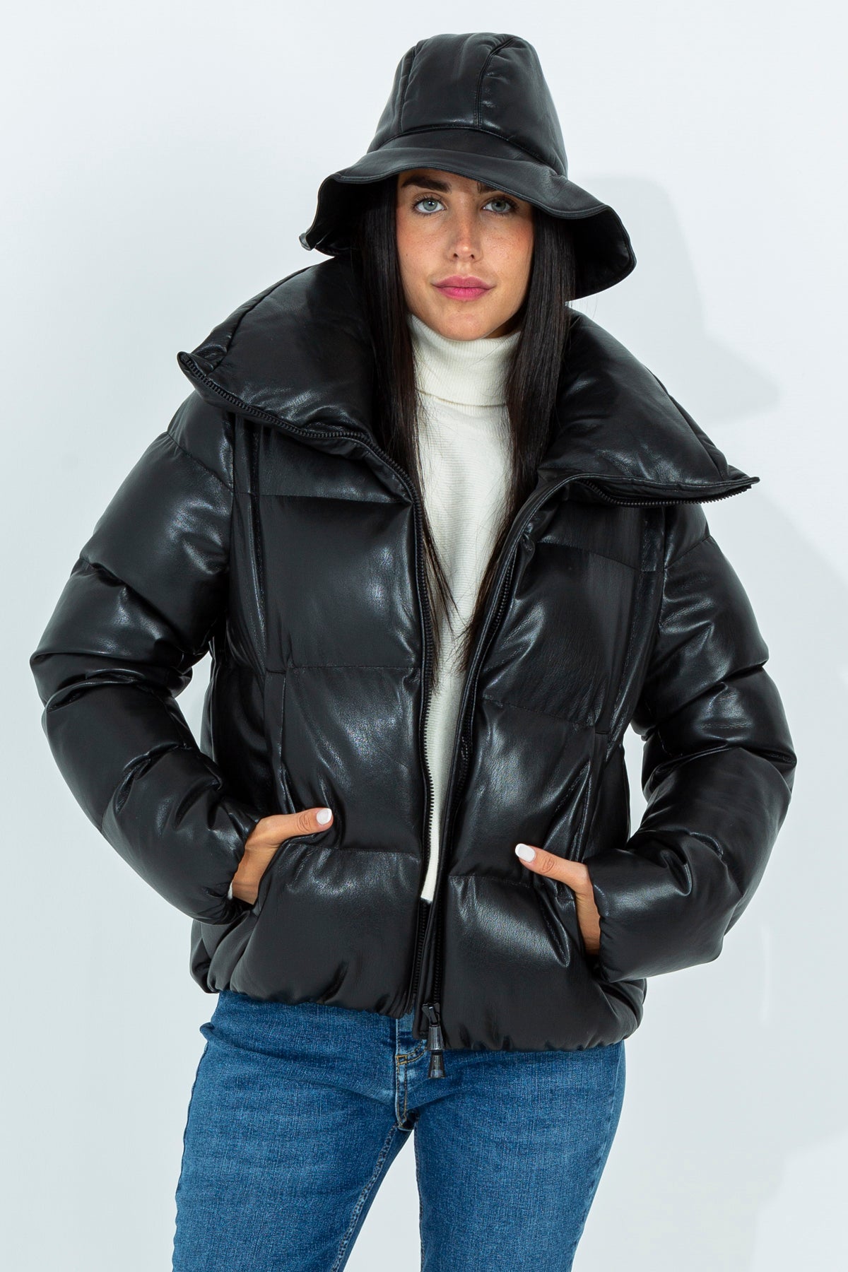 Short leather effect down jacket