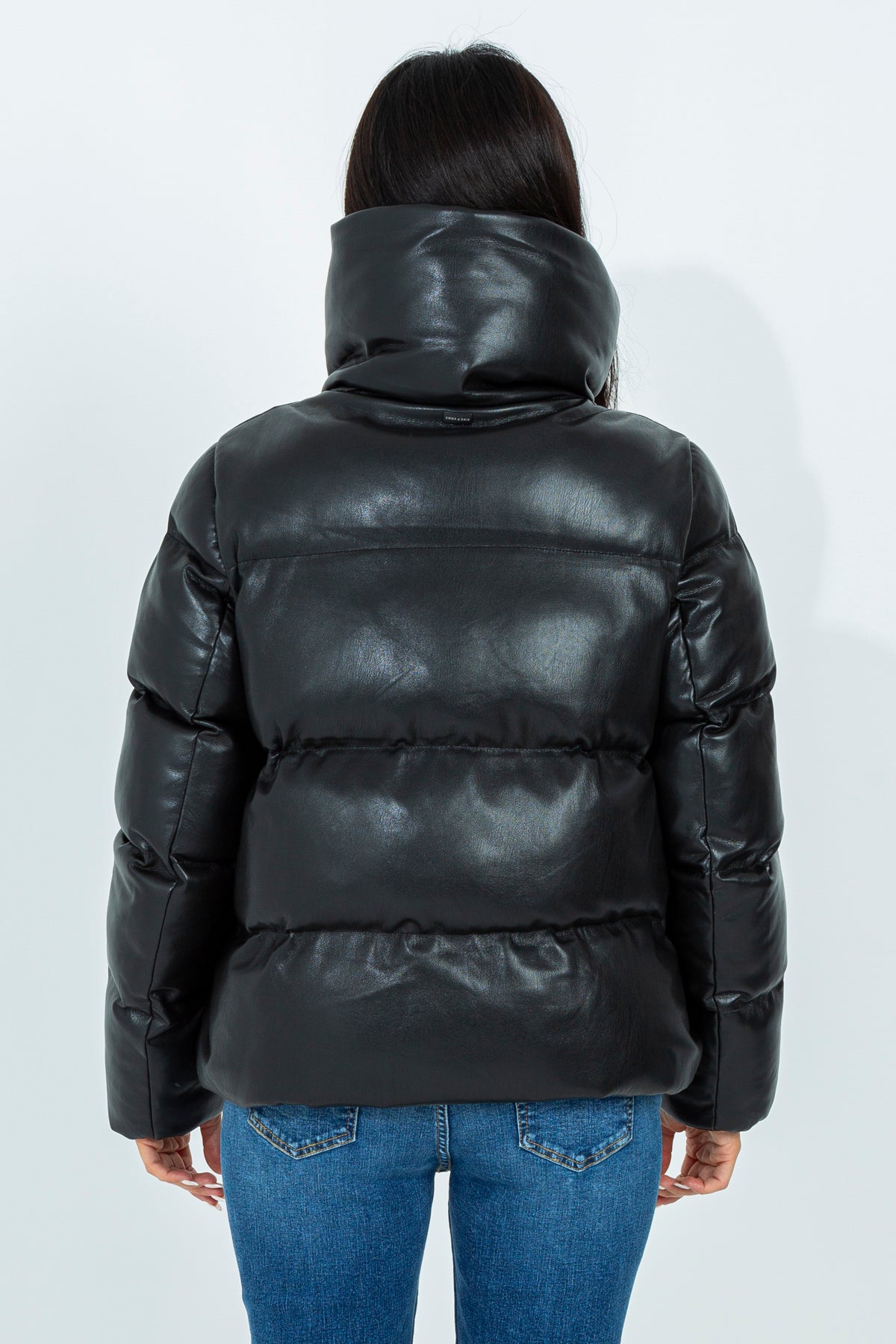 Short leather effect down jacket