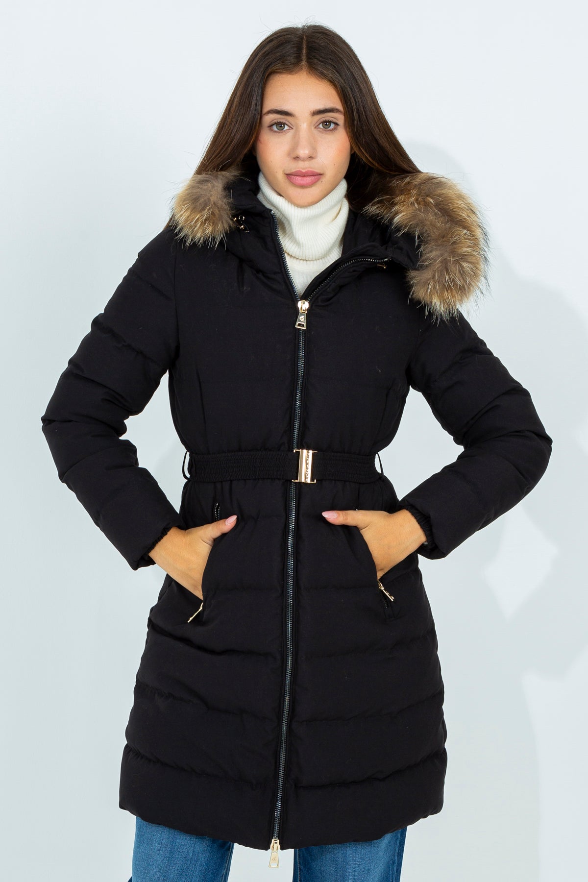 Long down jacket with fur