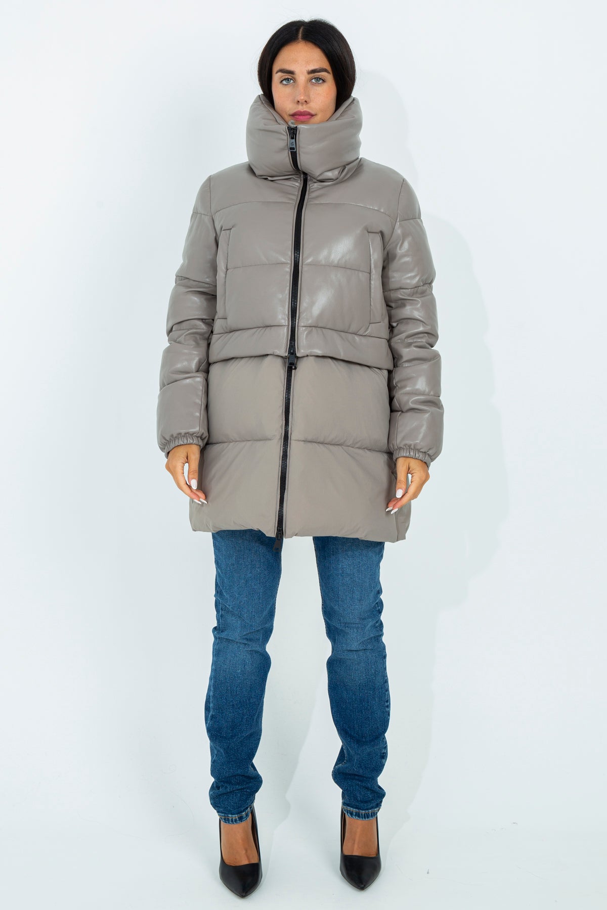 Long leather effect down jacket