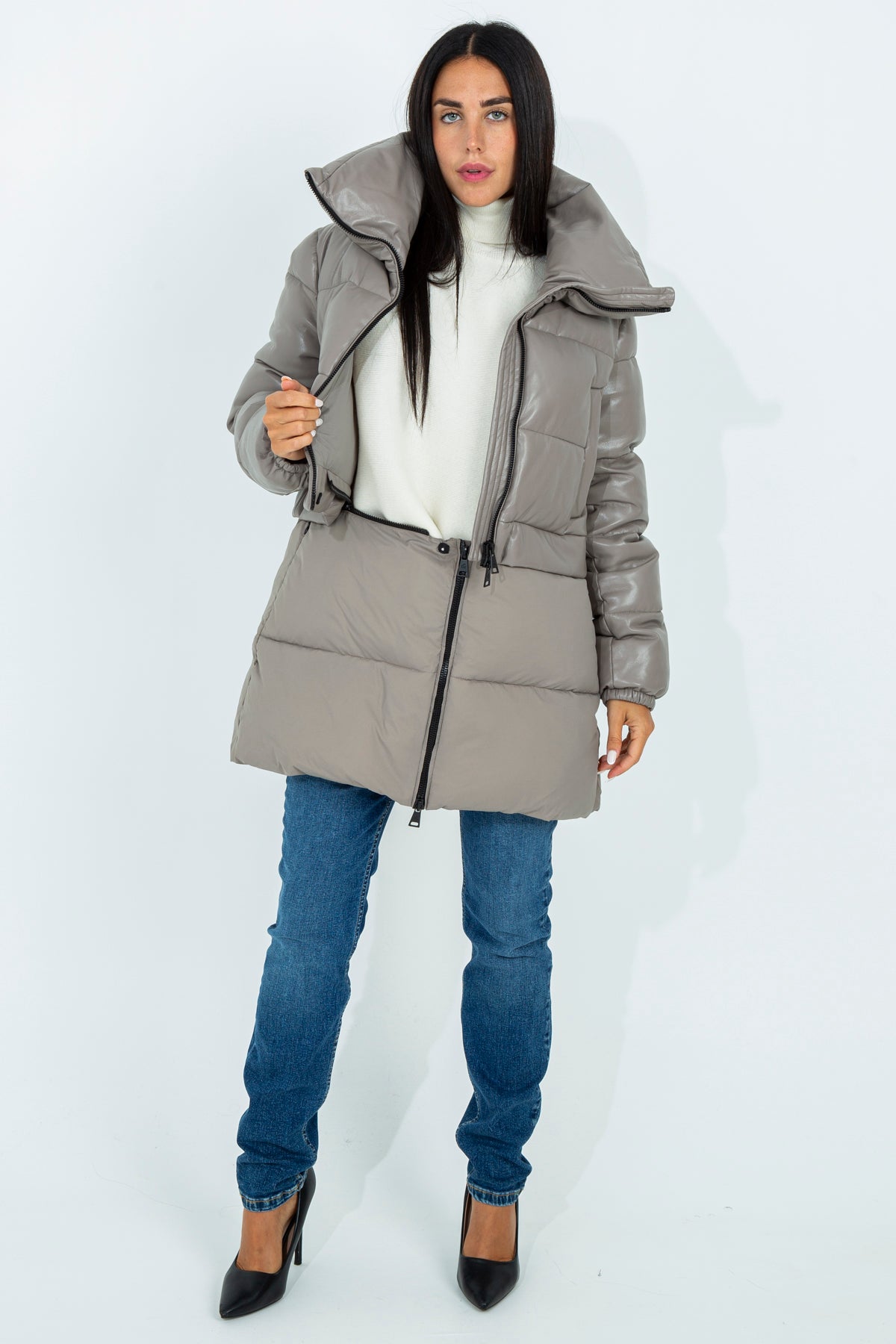 Long leather effect down jacket