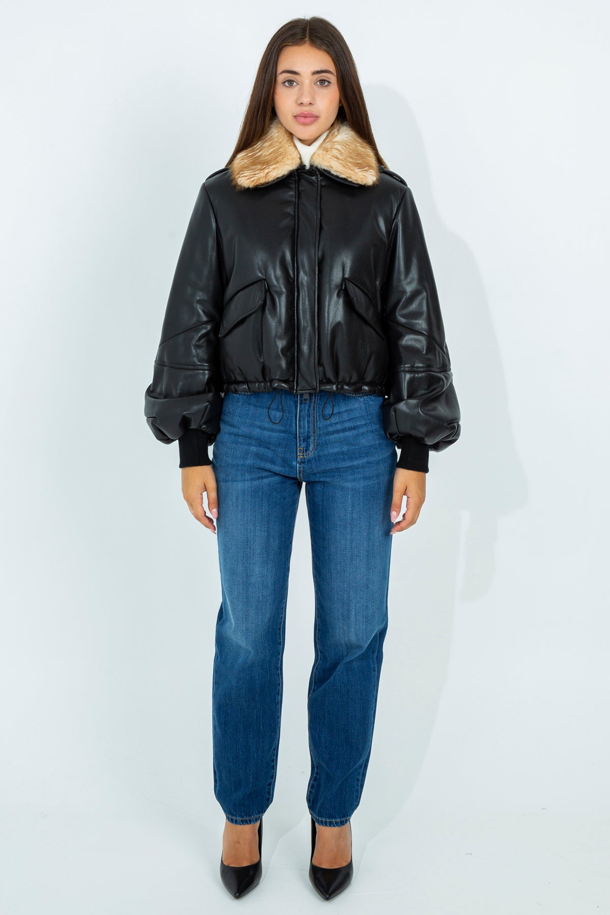 Faux leather bomber with fur