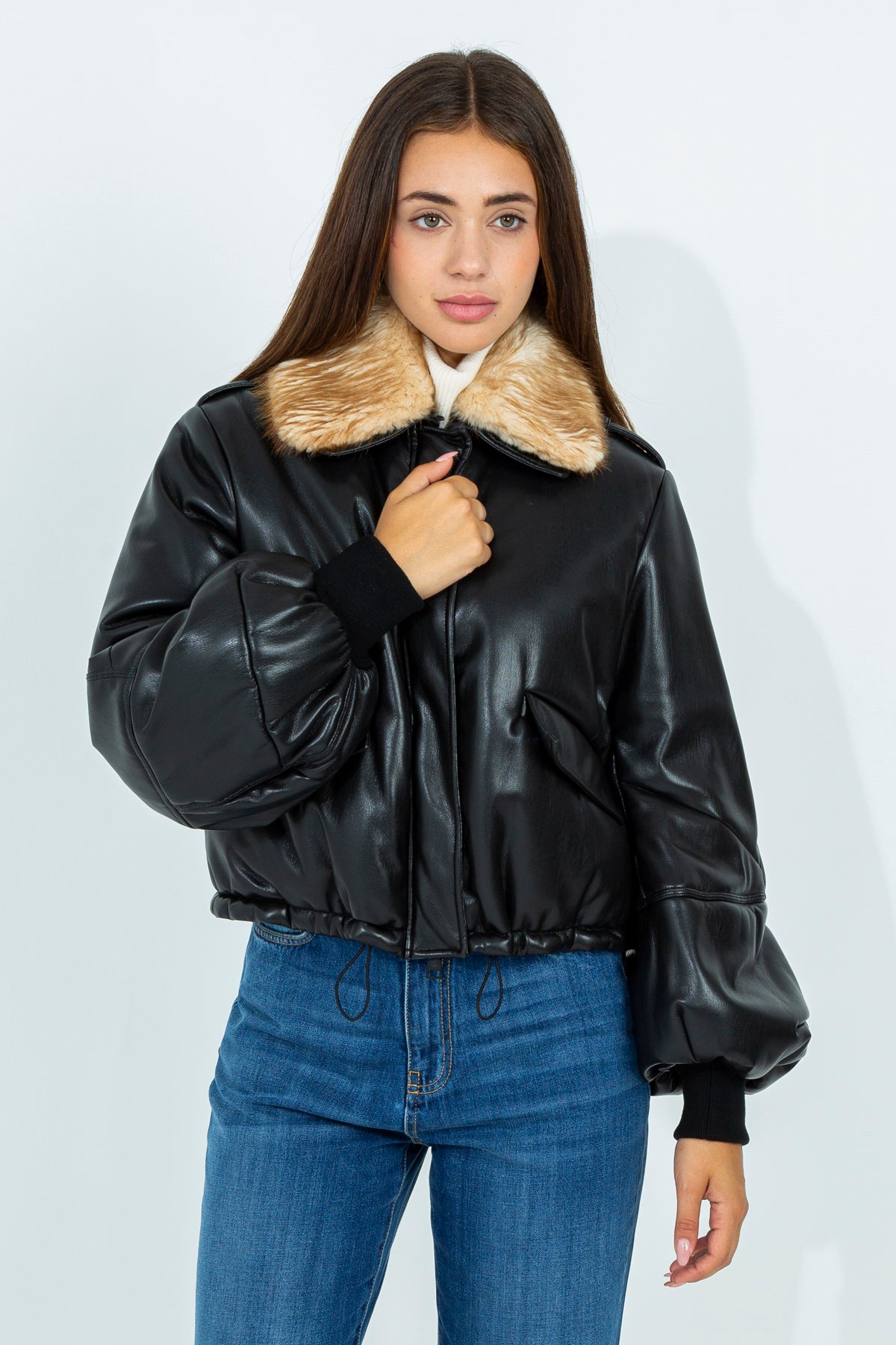 Faux leather bomber with fur