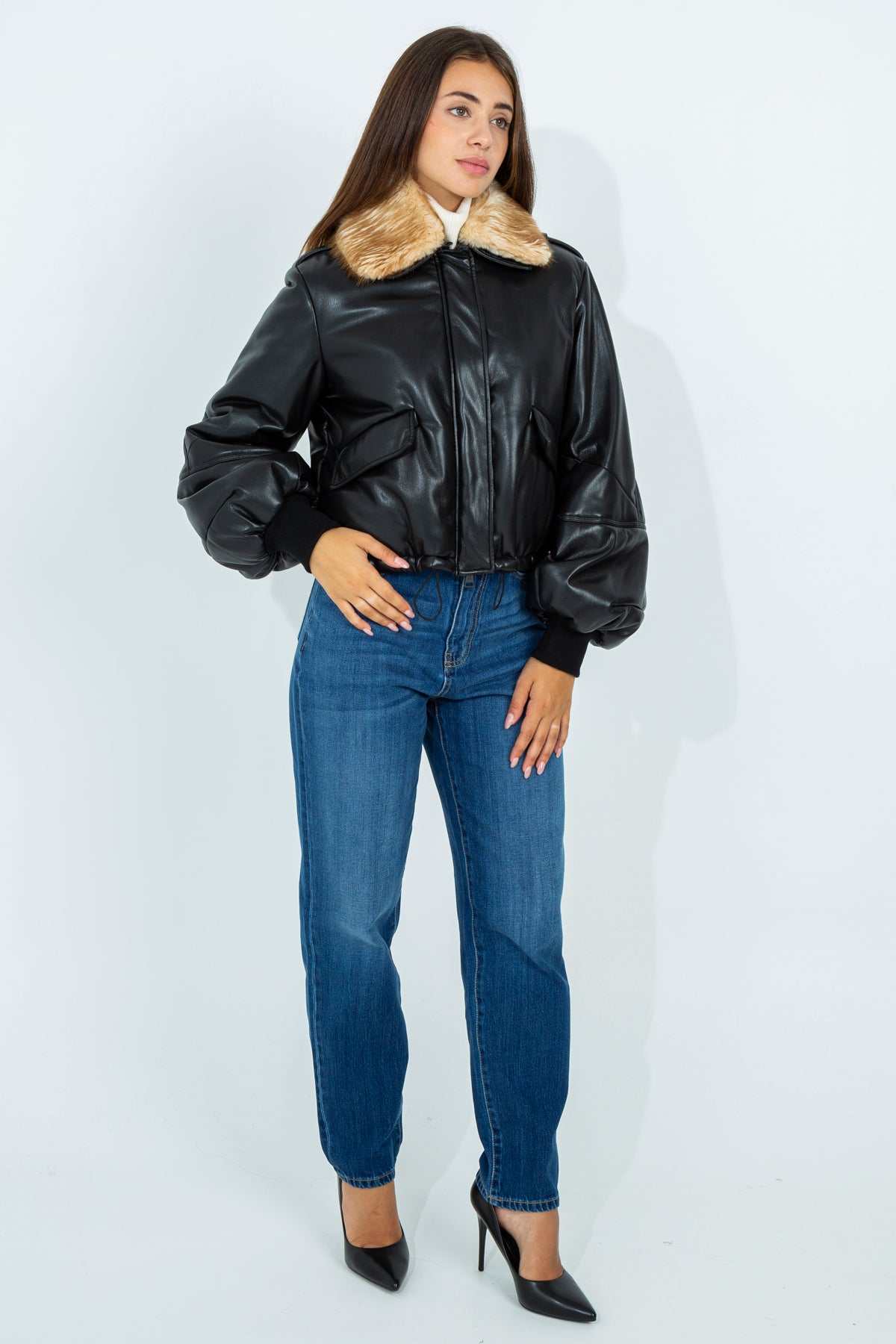 Faux leather bomber with fur