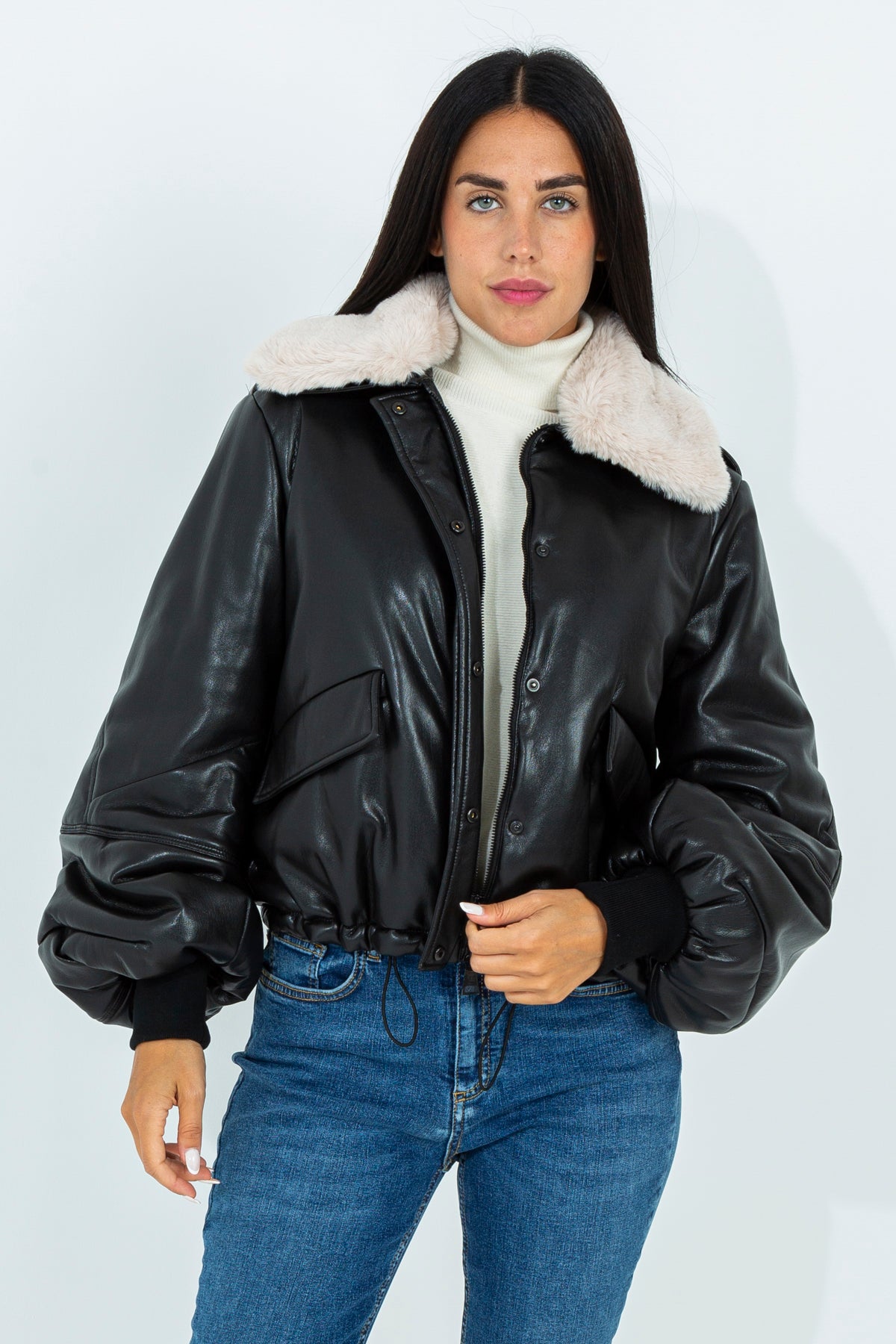 Faux leather bomber jacket with faux fur