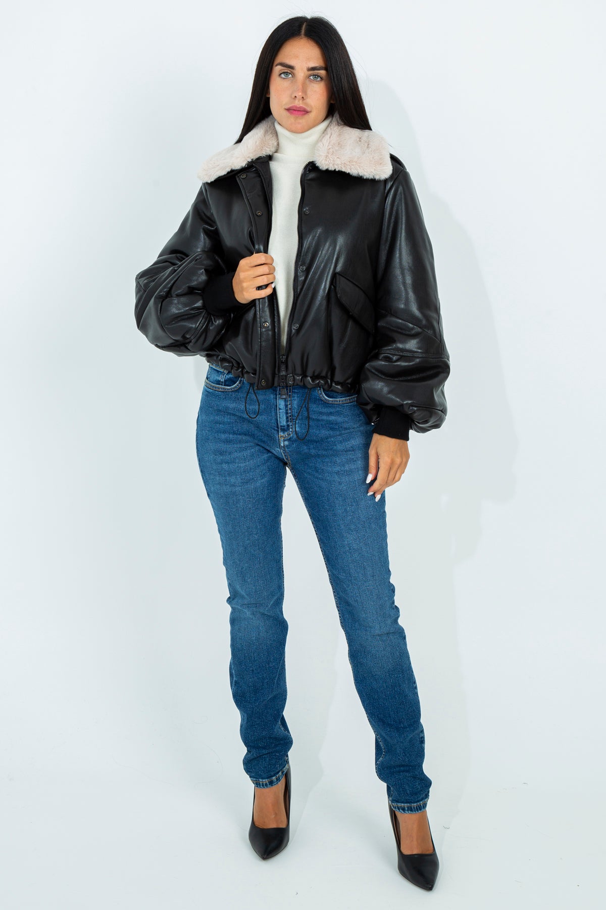 Faux leather bomber jacket with faux fur