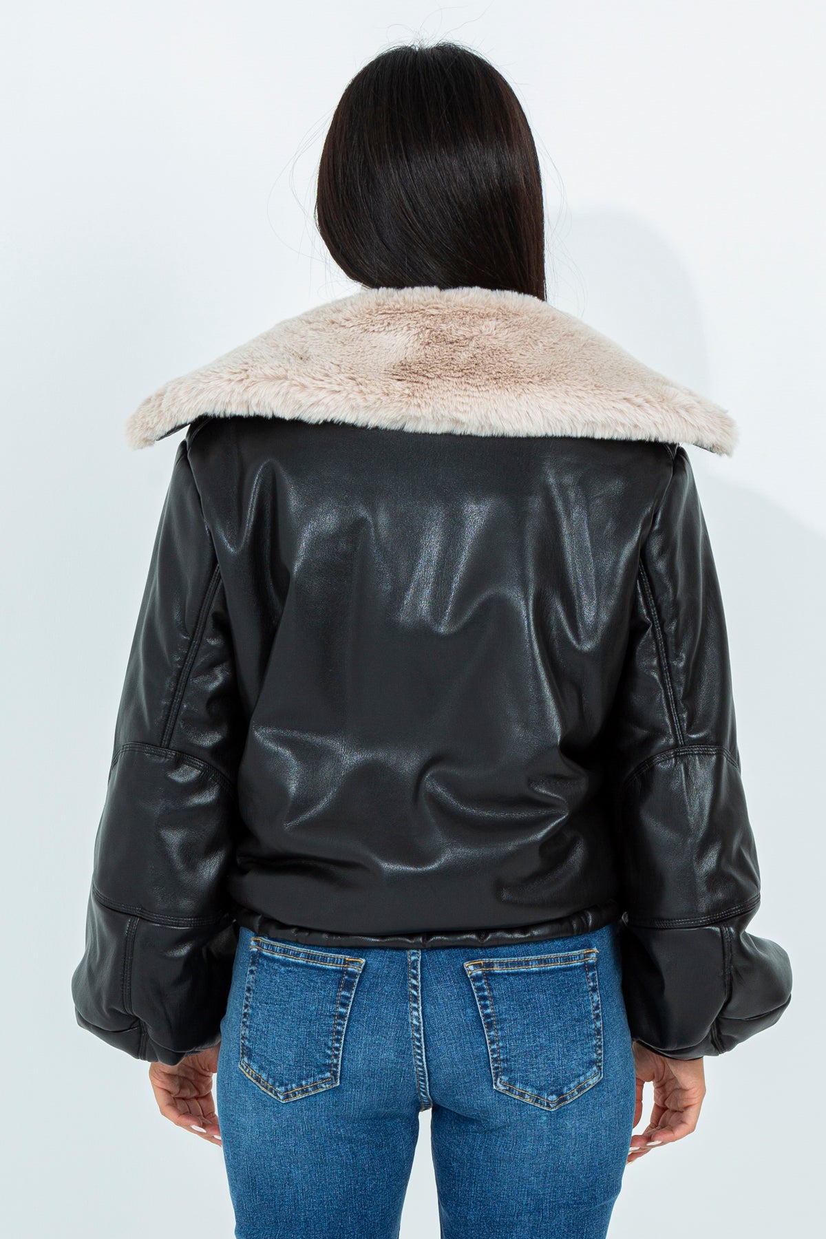 Faux leather bomber jacket with faux fur