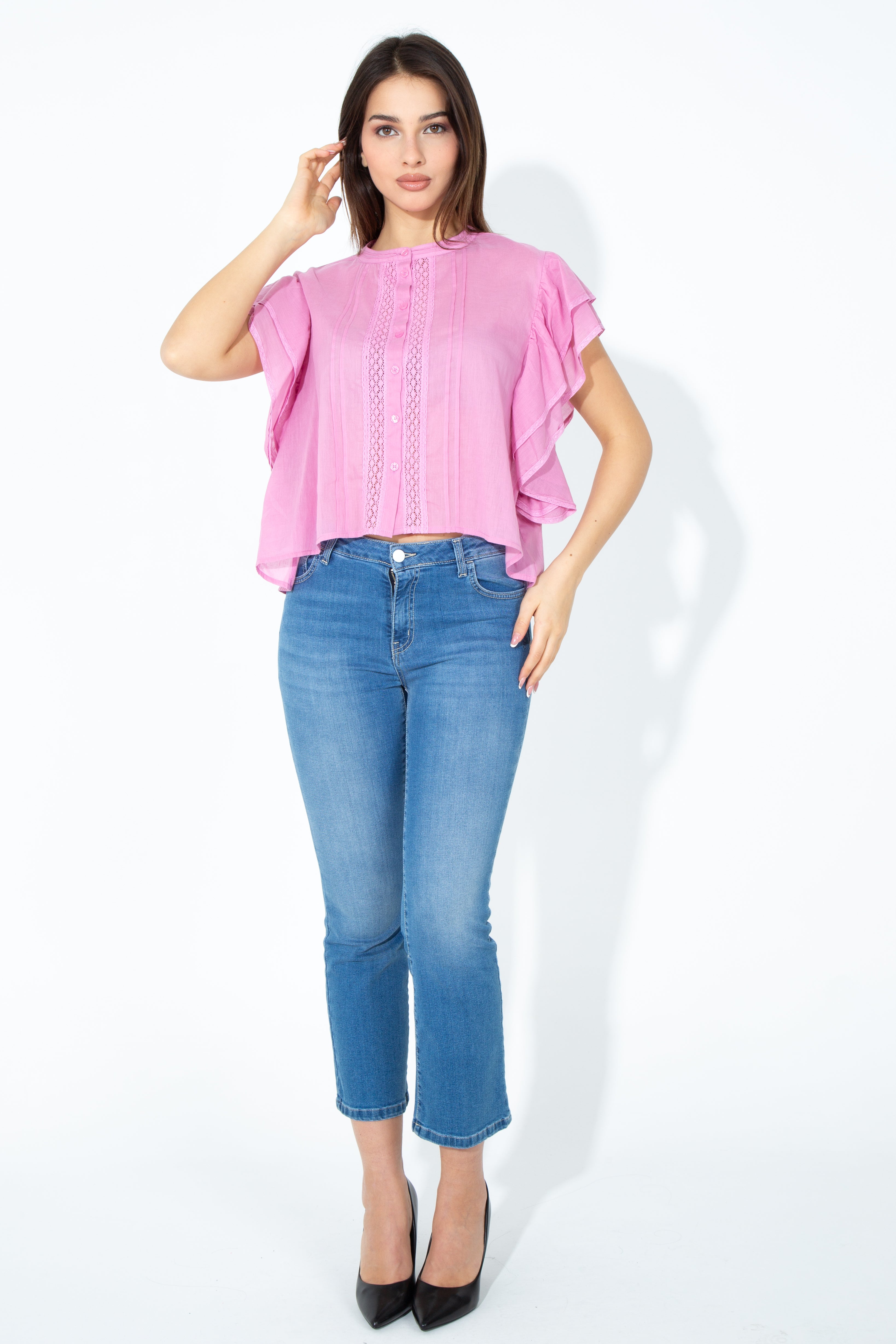 Blusa con maniche in rouches