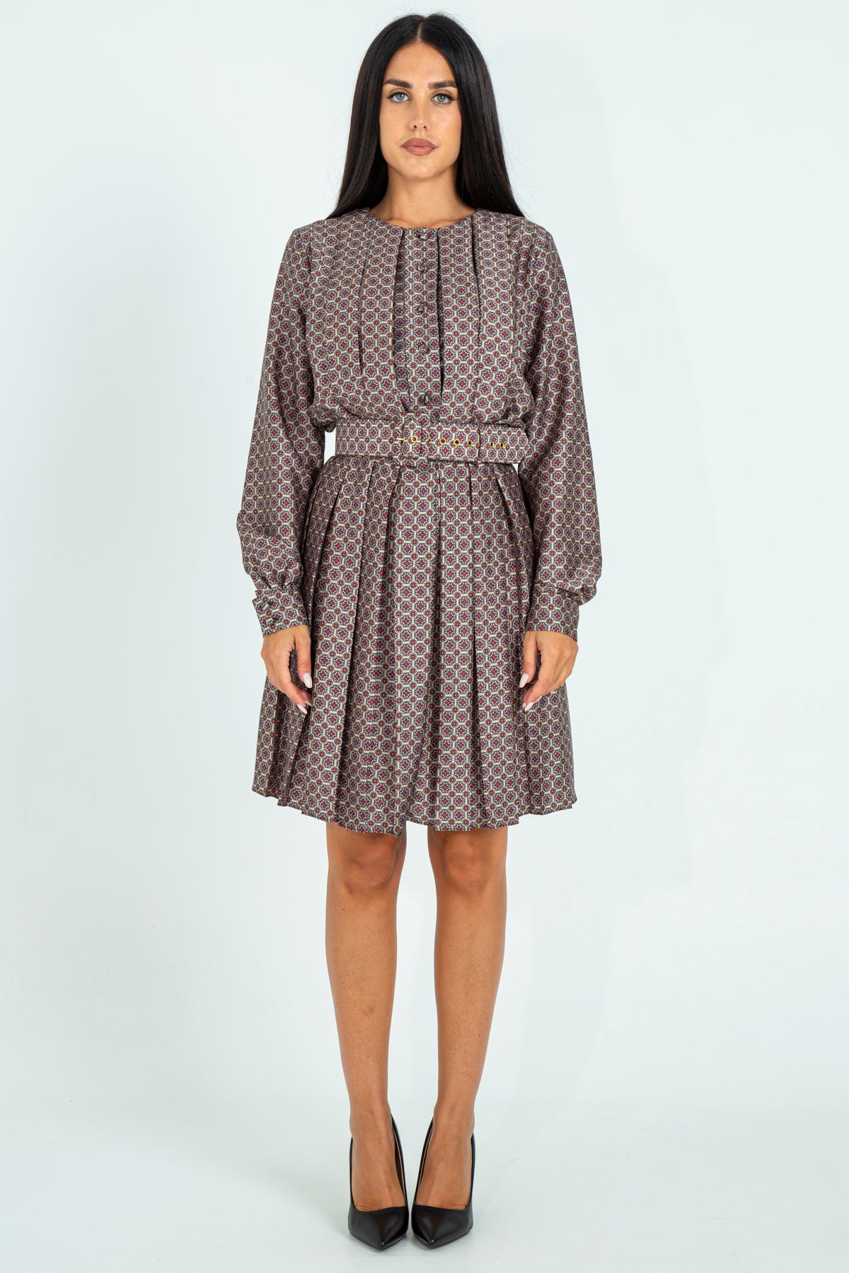 Pleated twill crew neck dress