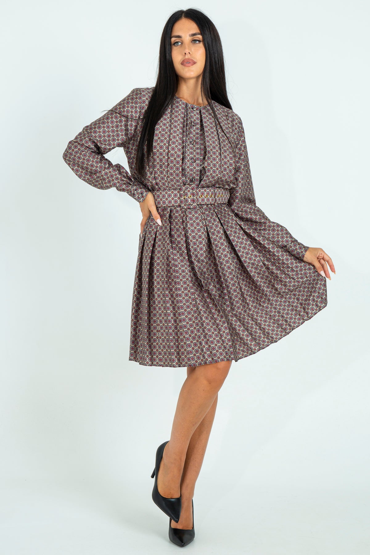 Pleated twill crew neck dress