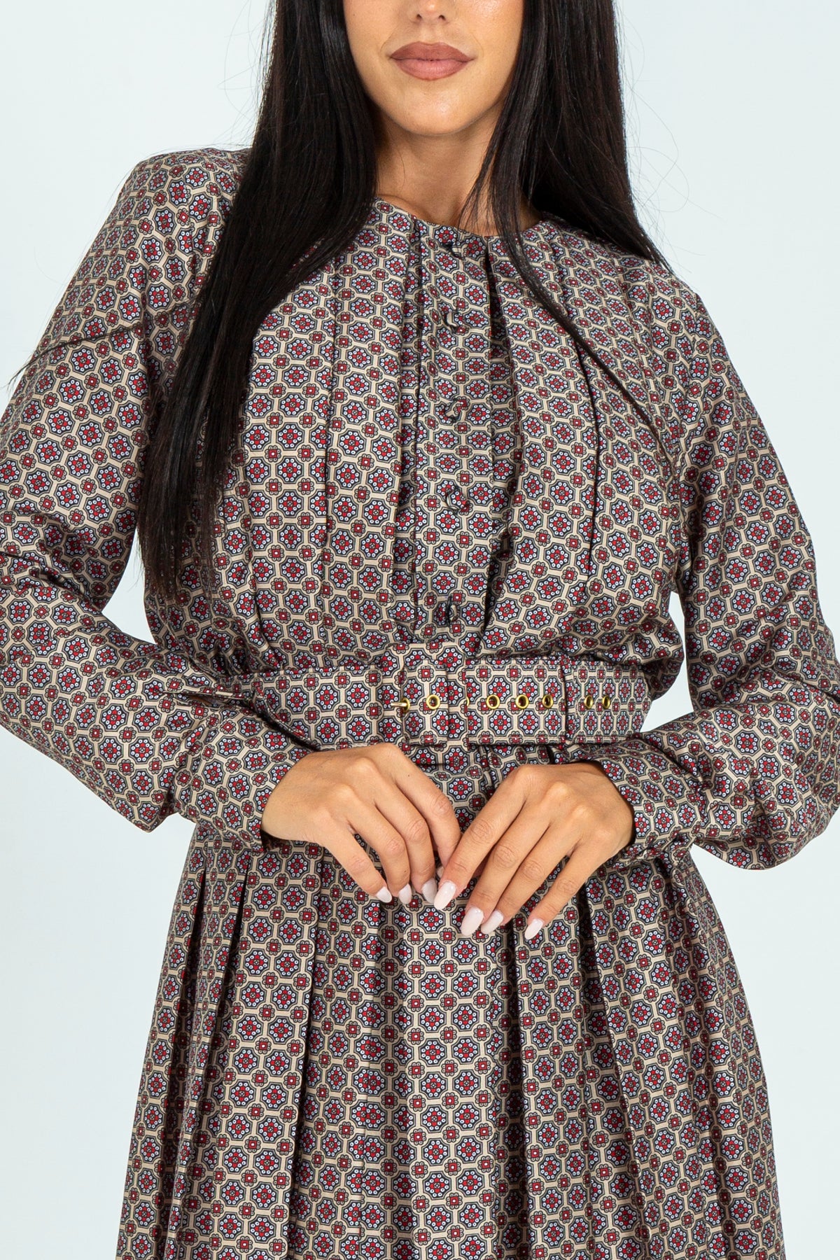 Pleated twill crew neck dress