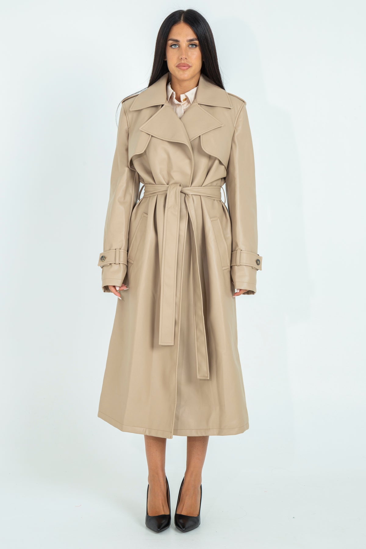 Faux leather trench coat