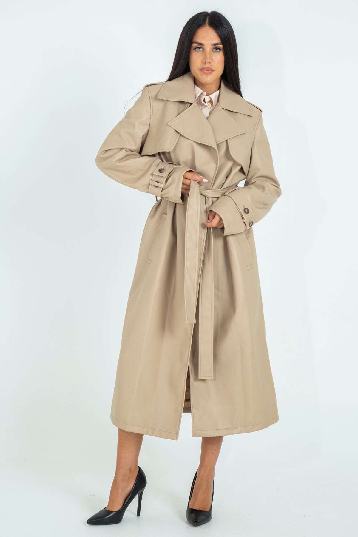 Faux leather trench coat