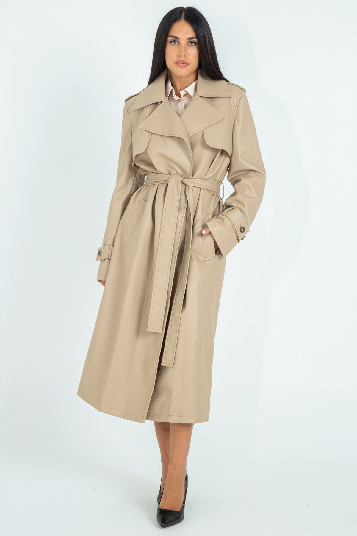 Faux leather trench coat