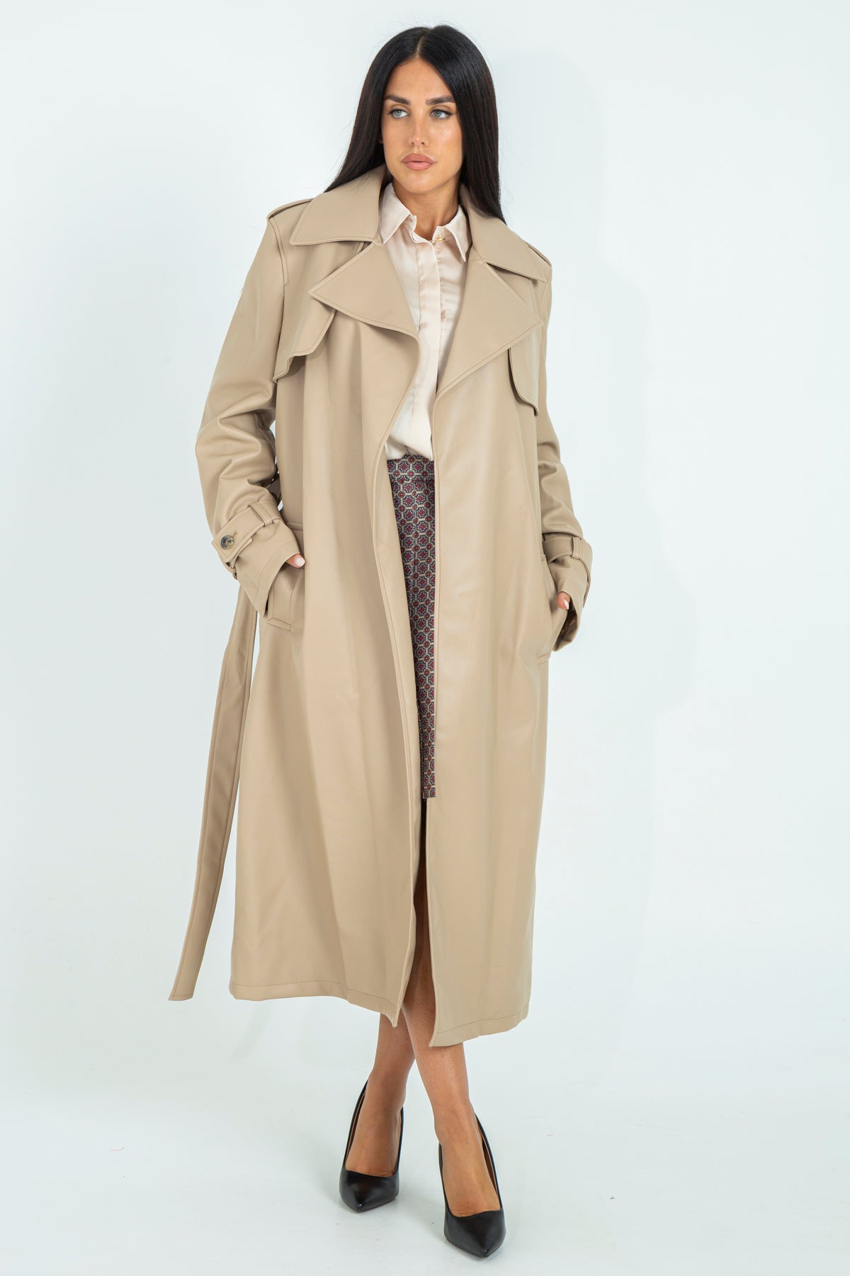 Faux leather trench coat