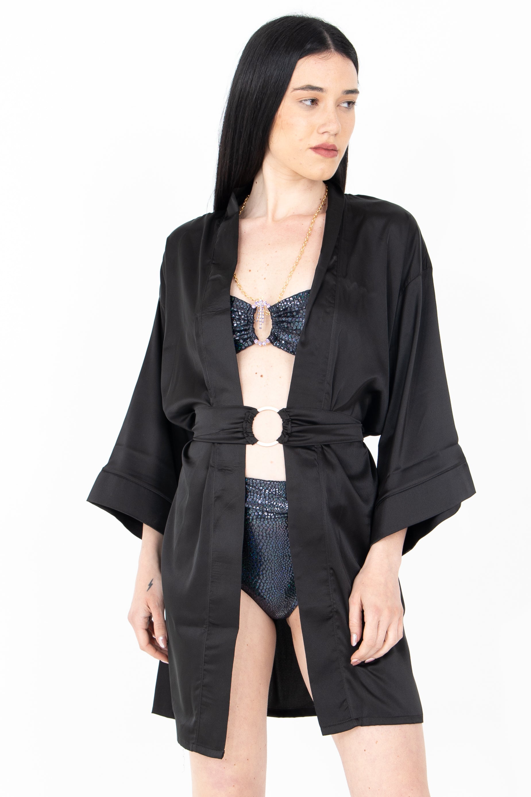 Kimono corto tinta unita in satin