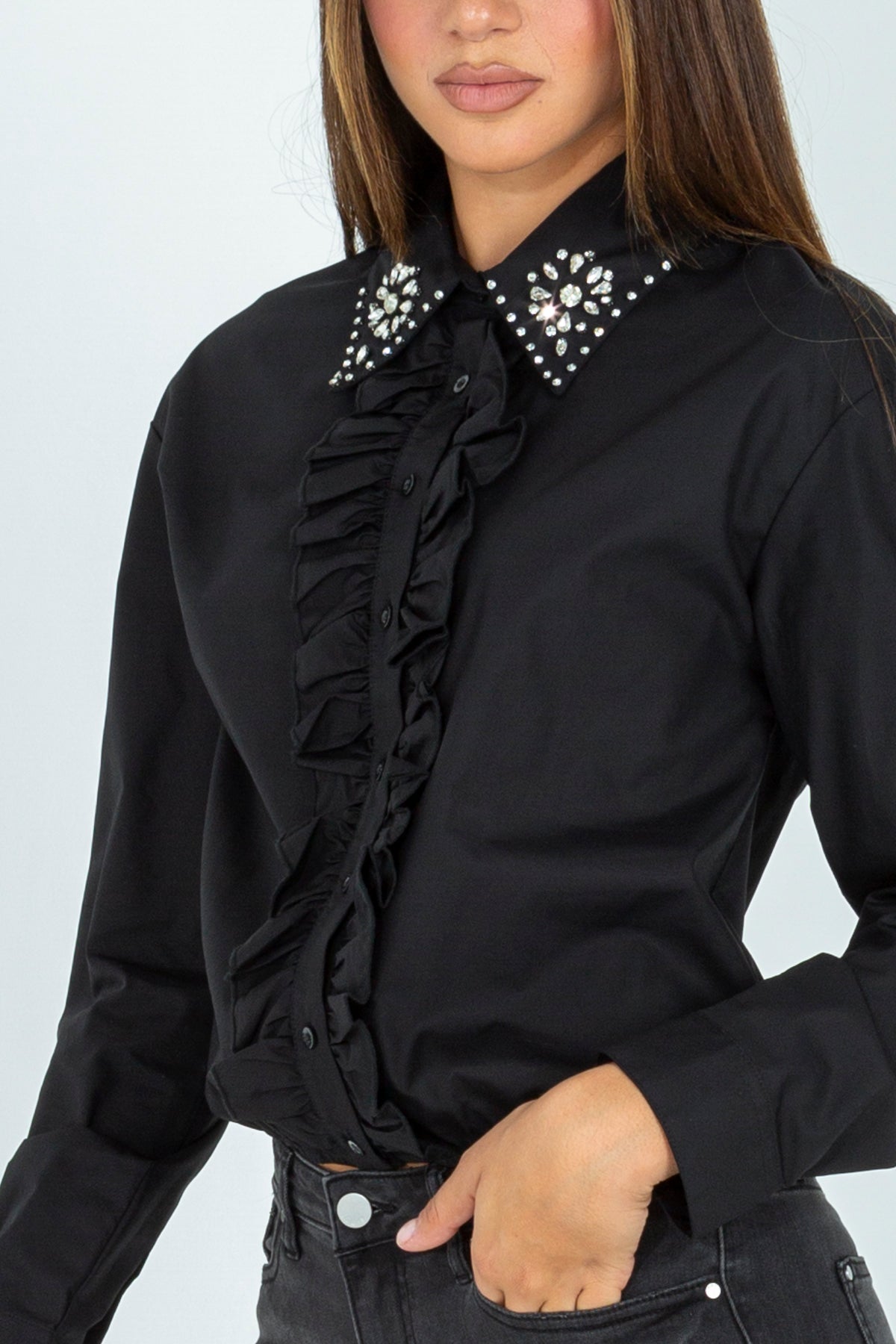 Shirt with ruffles and decorated collar