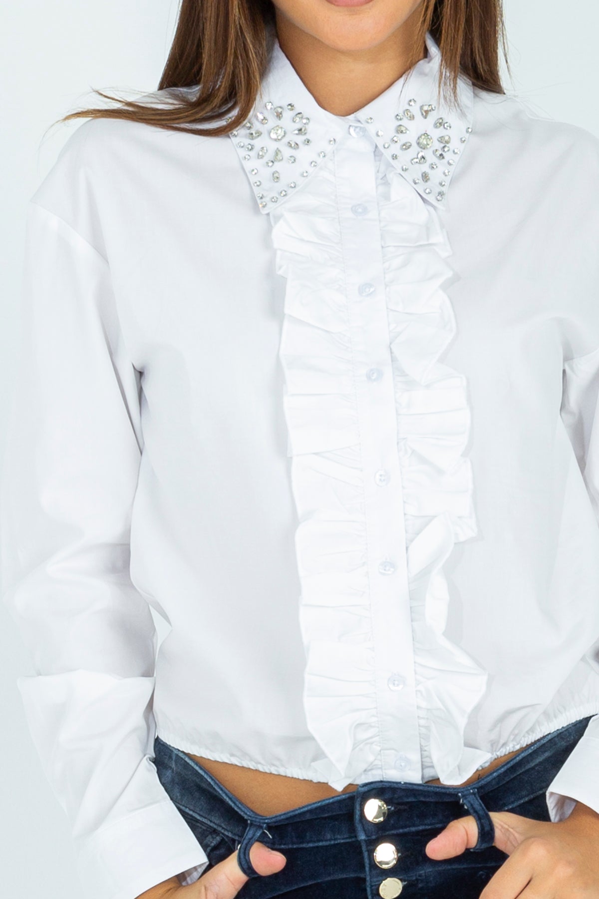 Shirt with ruffles and decorated collar